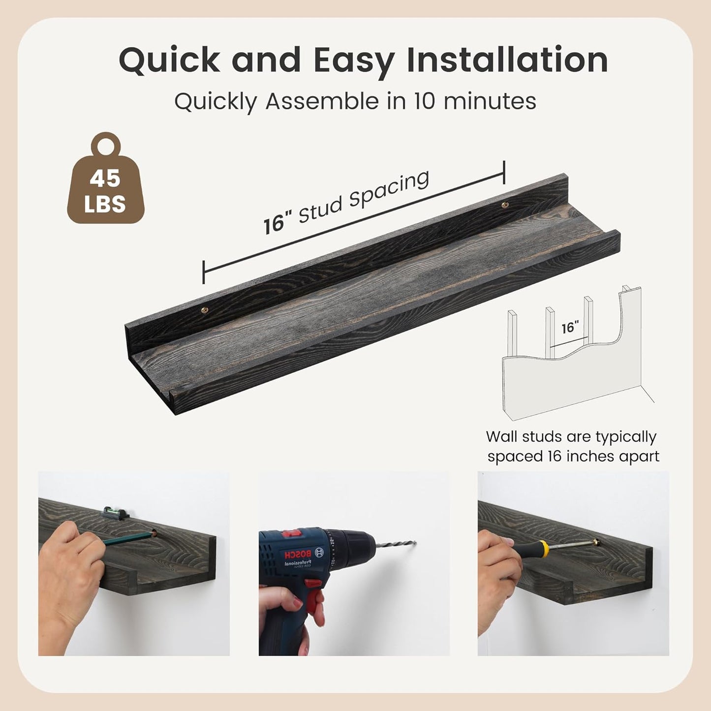 ShelfLoft 5.5"D x 2"H Grey Pine Wood Picture Ledge Shelf Wall Shelves with Lip, 2 Pack