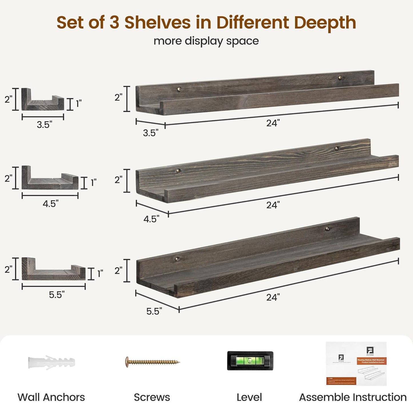 ShelfLoft 24"W x 5.5"D Grey Pine Wood Picture Ledge Shelf Wall Shelves with Lip, 3 Pack