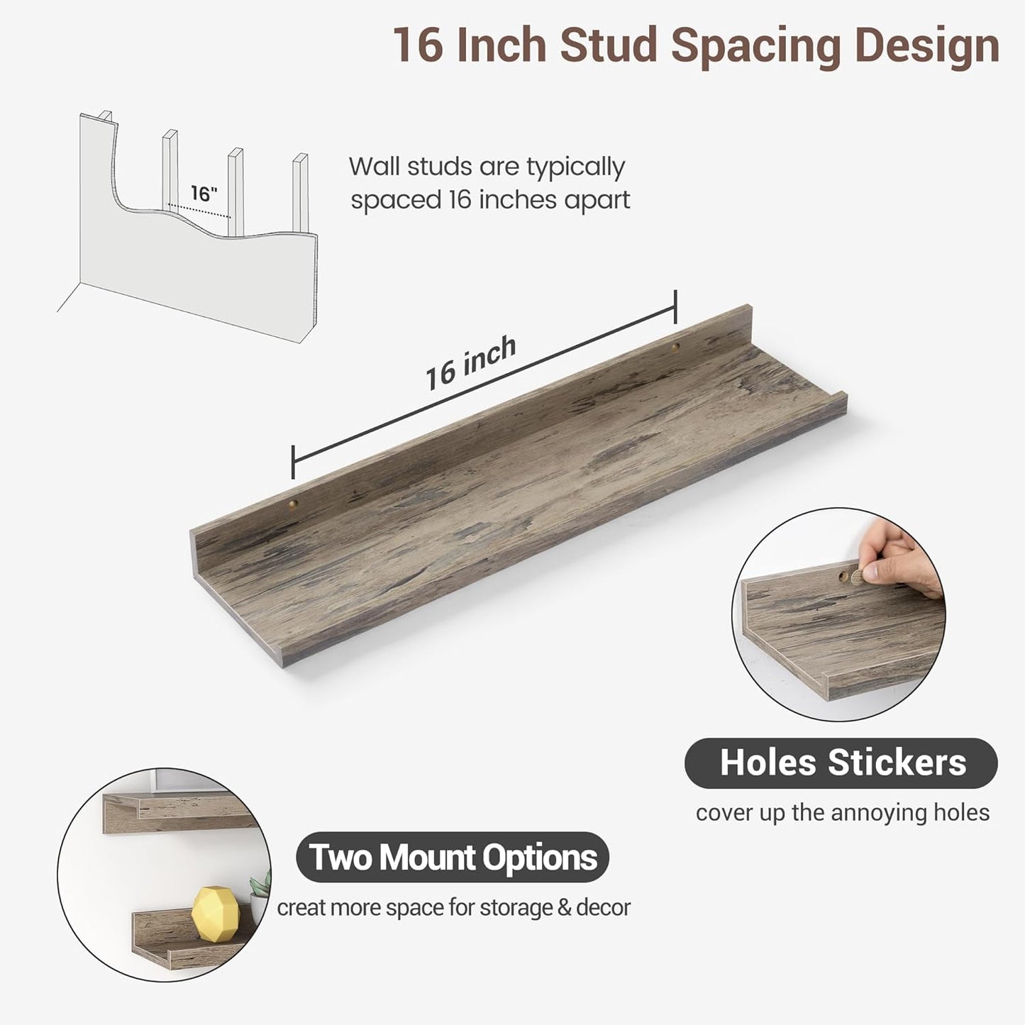 ShelfLoft 24"W x 4.2"D Grey Picture Ledge Shelf Floating Shelves with Lip Set of 3