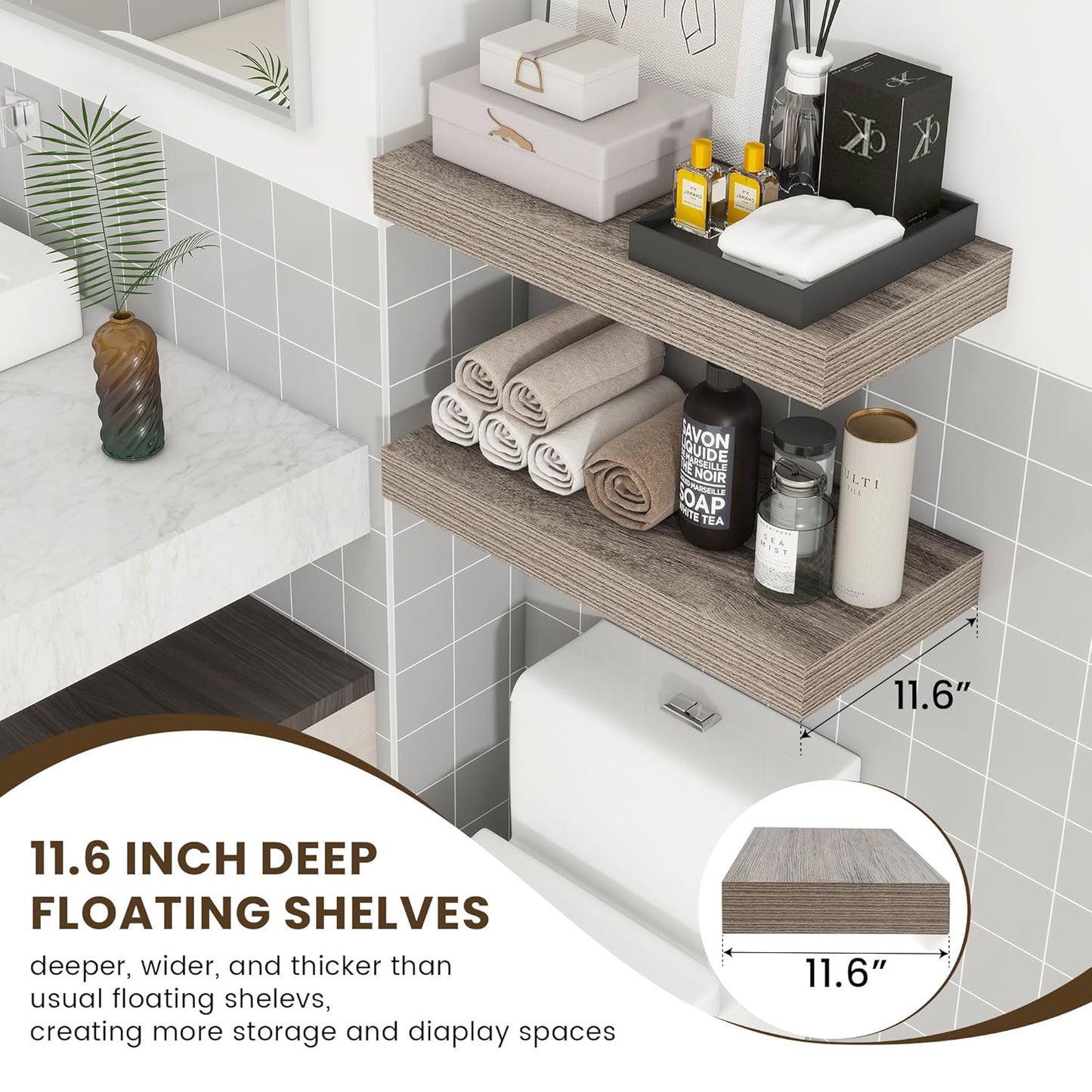 ShelfLoft 11.6"D x 2"H Grey Floating Shelves for Wall Storage