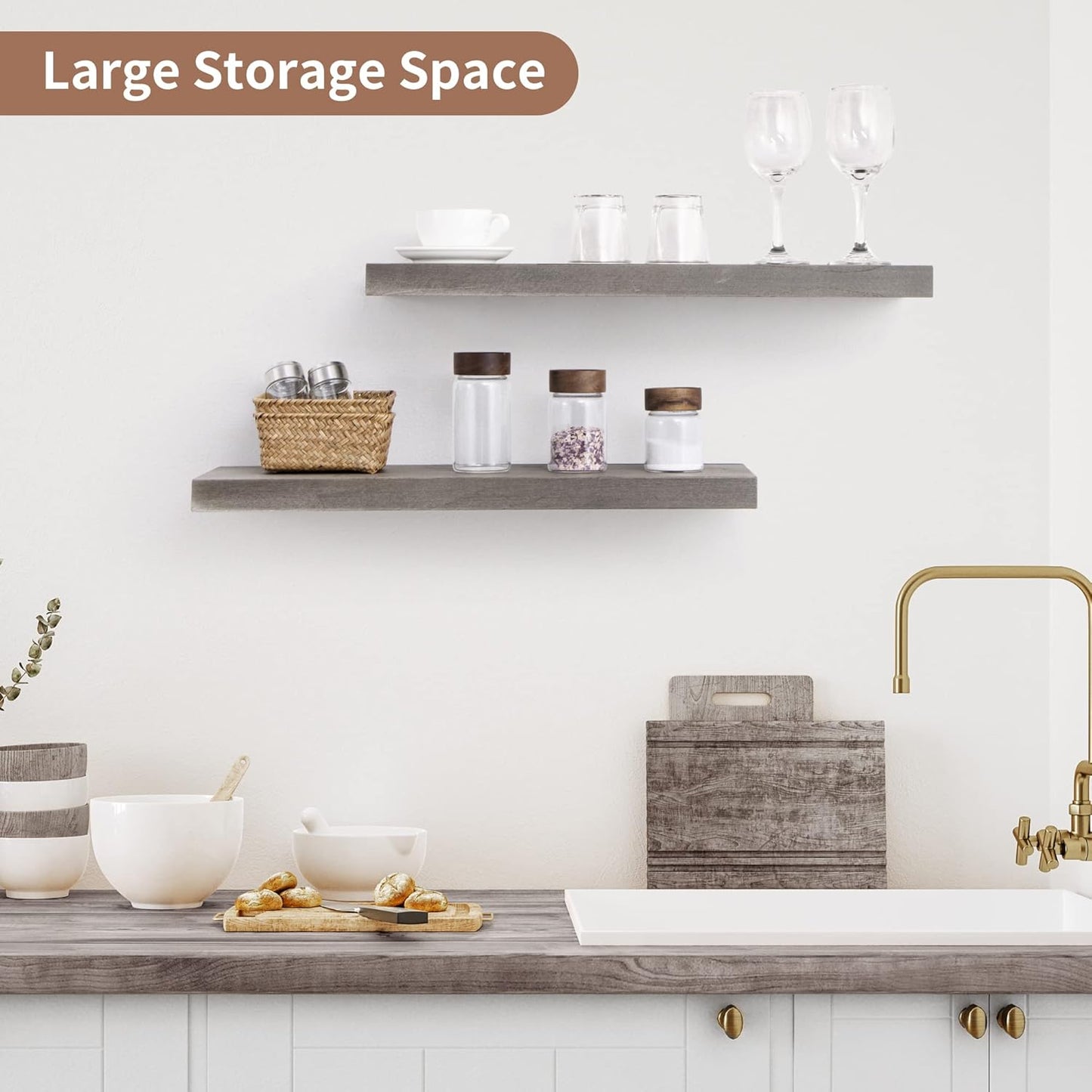 ShelfLoft 8"D x 1.5"H Rustic Grey Solid Elm Wood Wall Shelves for Storage