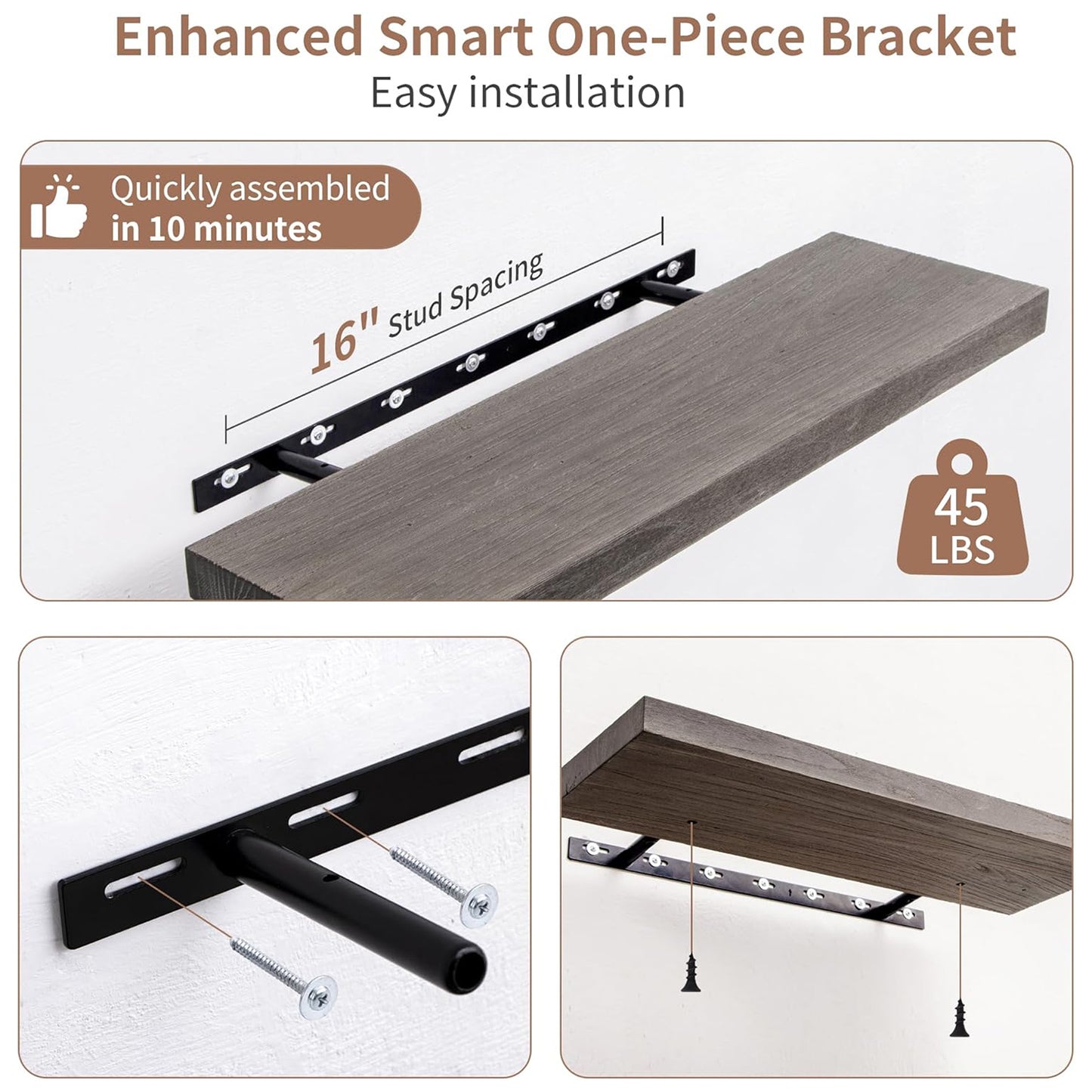 ShelfLoft 8"D x 1.5"H Rustic Grey Solid Elm Wood Wall Shelves for Storage