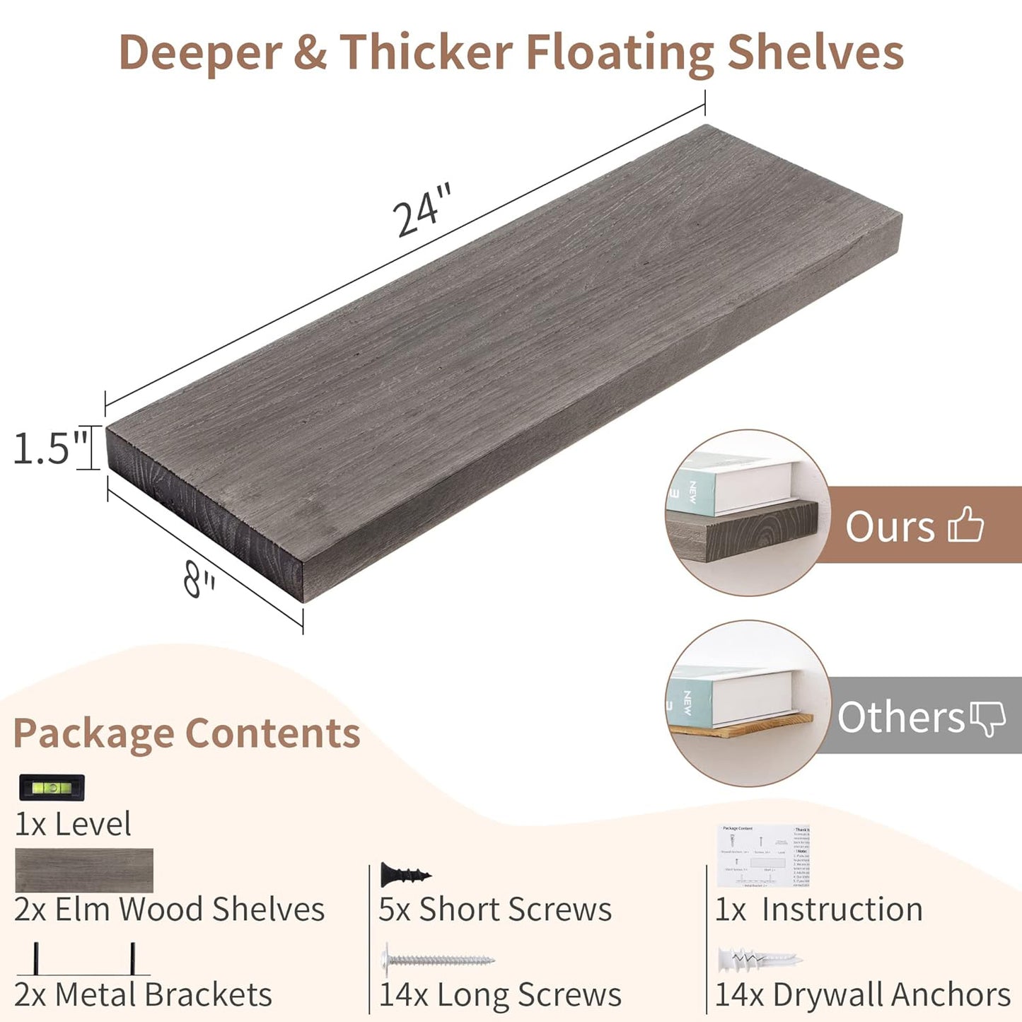 ShelfLoft 24"W x 8"D Rustic Solid Elm Wood Wall Shelves for Storage, Grey-2 Pack