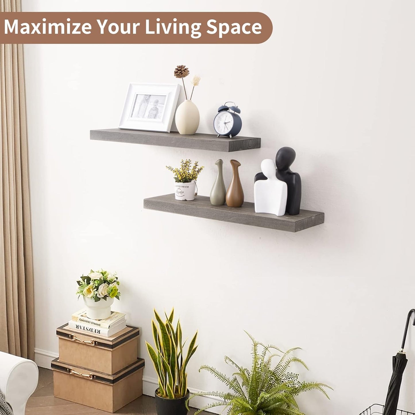 ShelfLoft 8"D x 1.5"H Rustic Grey Solid Elm Wood Wall Shelves for Storage