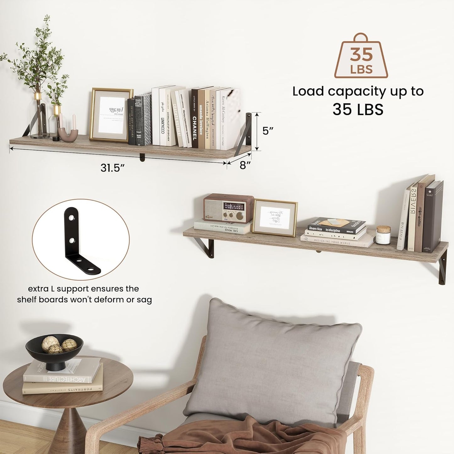 ShelfLoft 31.5" Wide x 8" Deep Wall Mounted Floating Shelves, 2 Pack