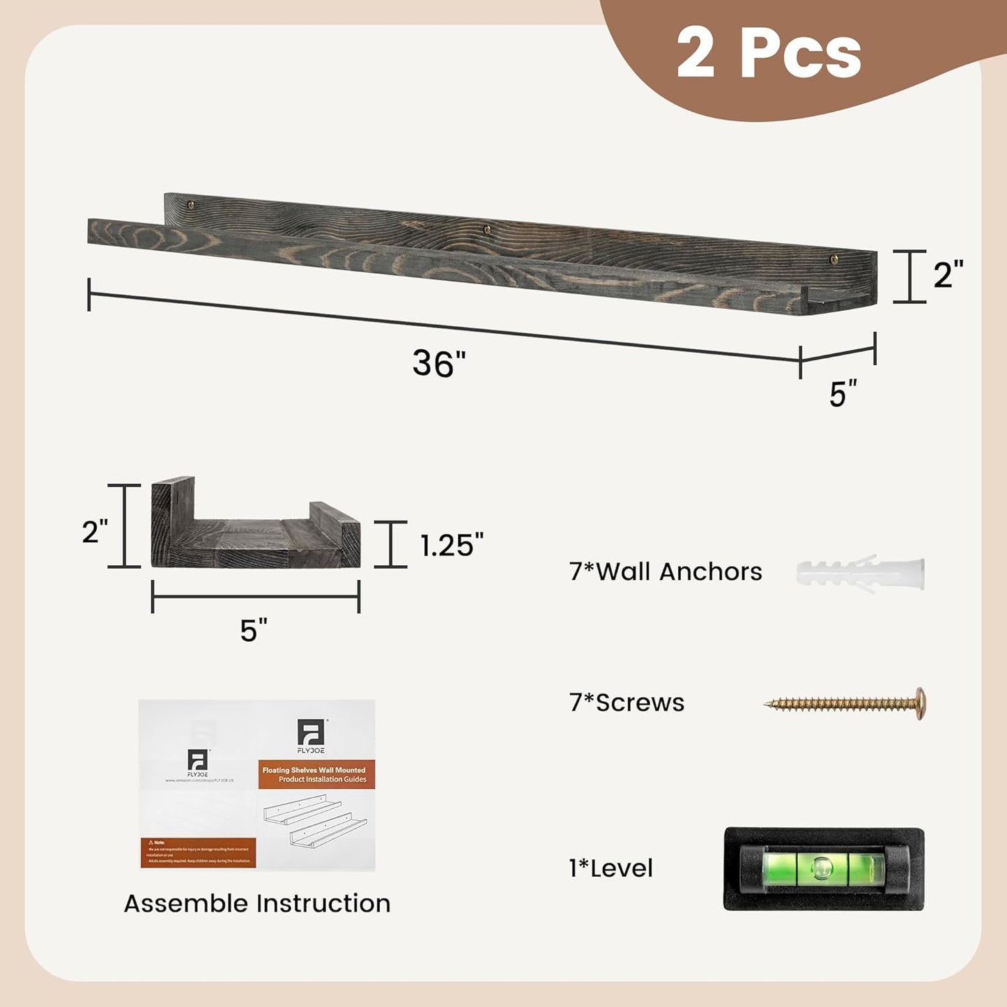 ShelfLoft 36"W x 5"D Grey Pine Wood Picture Ledge Shelf Wall Shelves with Lip, 2 Pack