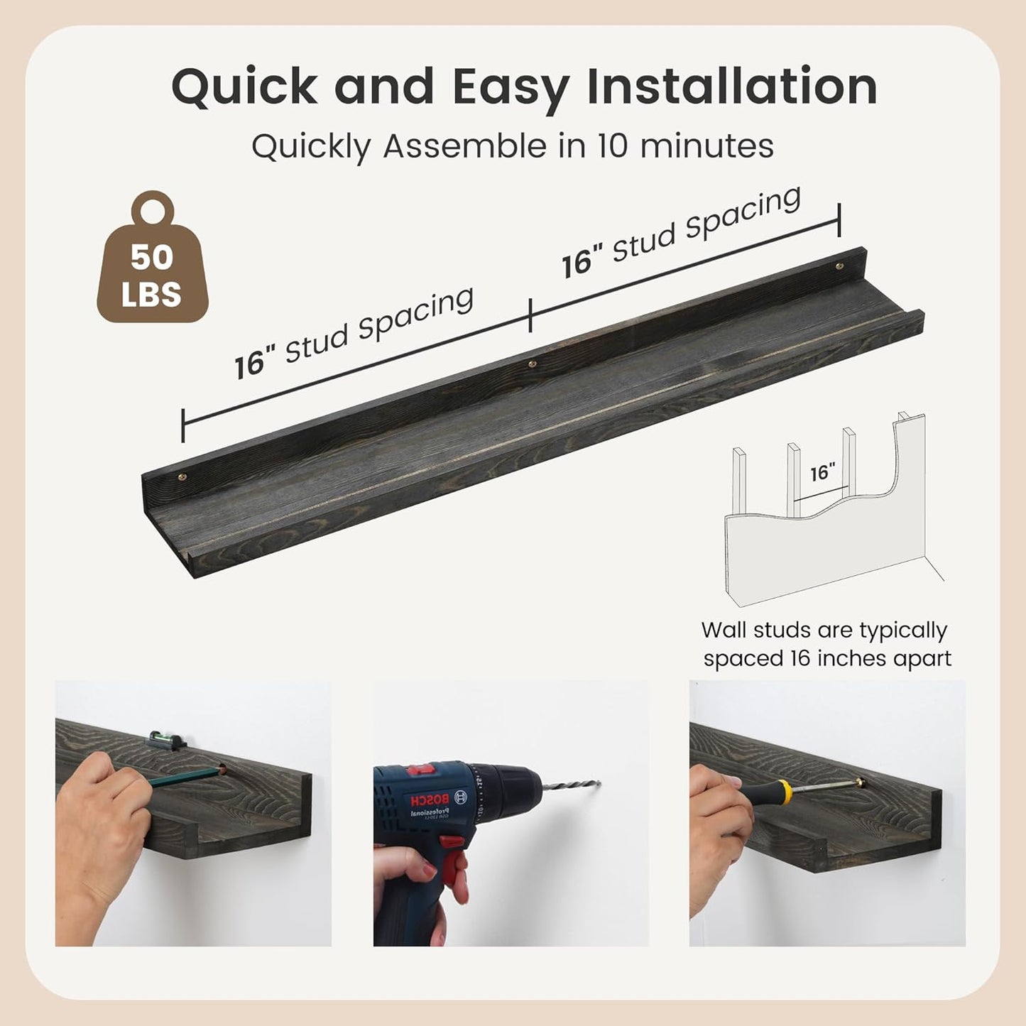 ShelfLoft 36" Wide x 5" Deep Pine Wood Picture Ledge Shelf Wall Shelves with Lip, 2 Pack