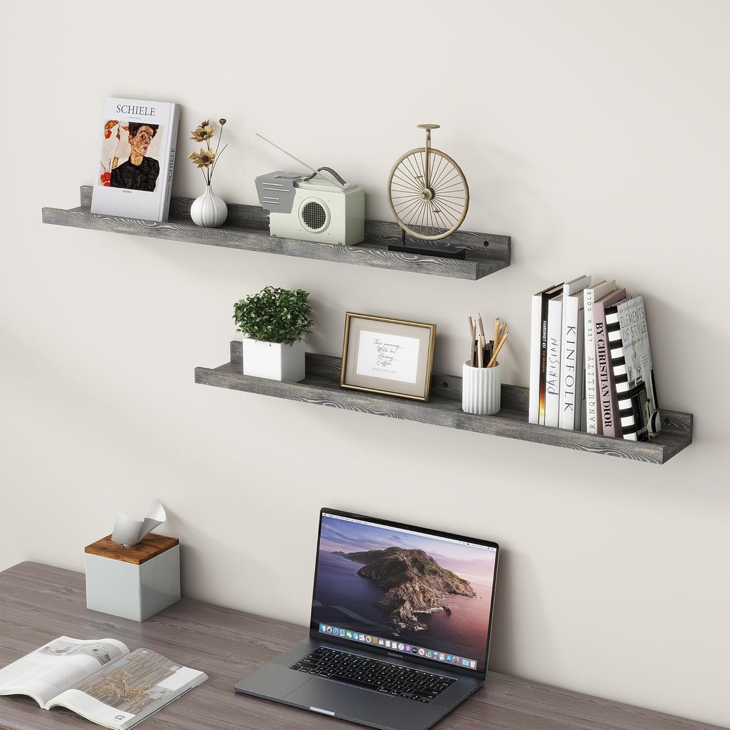 ShelfLoft 36" Wide x 5" Deep Pine Wood Picture Ledge Shelf Wall Shelves with Lip, 2 Pack