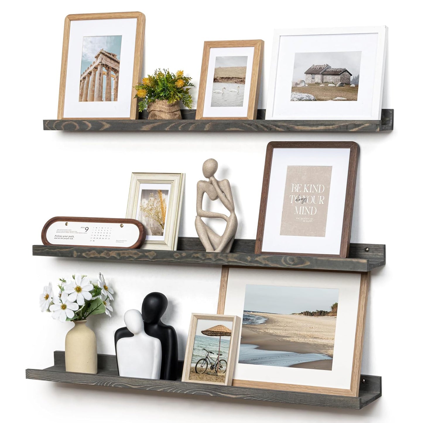 ShelfLoft 36"W x 5.5"D Grey Pine Wood Picture Ledge Shelf Wall Shelves with Lip, 3 Pack