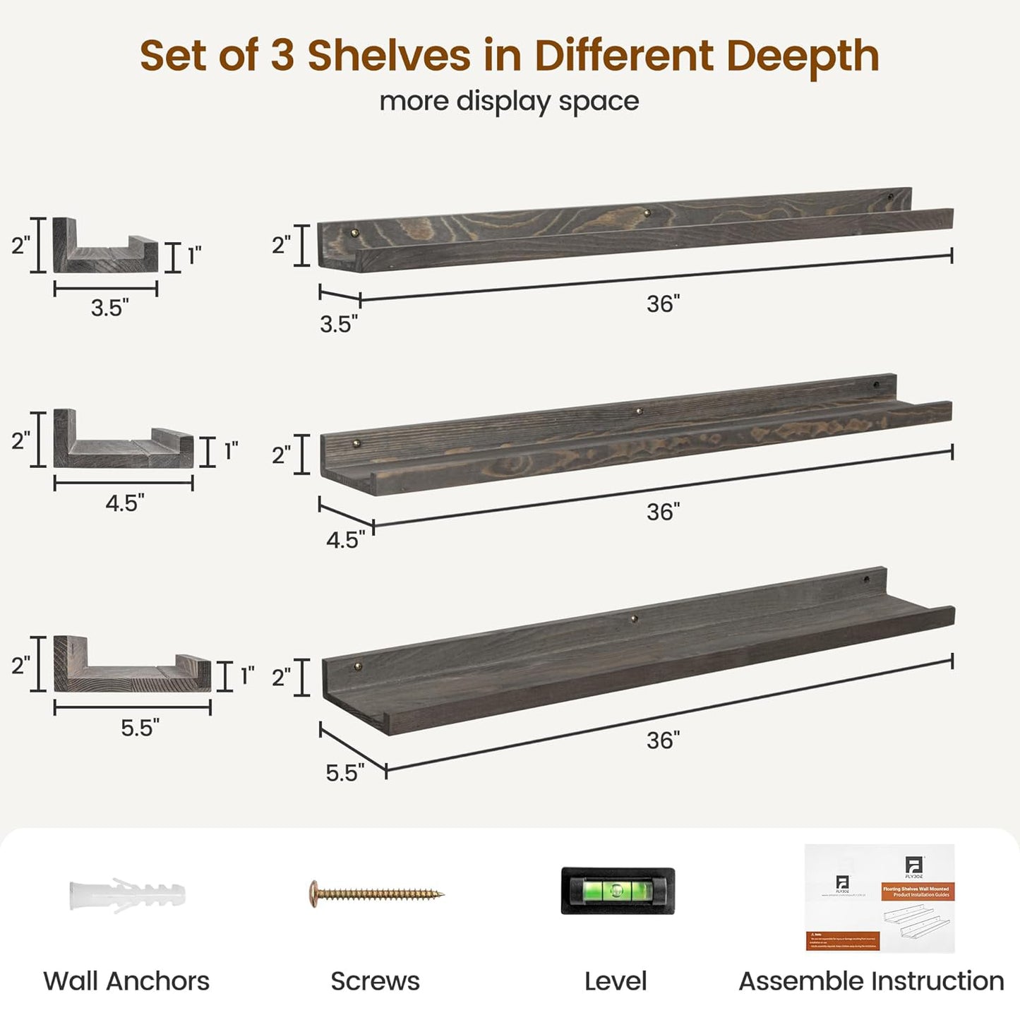 ShelfLoft 36"W x 5.5"D Grey Pine Wood Picture Ledge Shelf Wall Shelves with Lip, 3 Pack