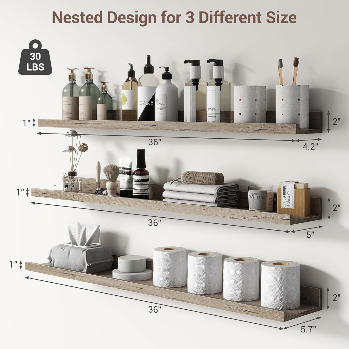 ShelfLoft 36"W x 4.2"D Grey Picture Ledge Shelf Floating Shelves with Lip Set of 3