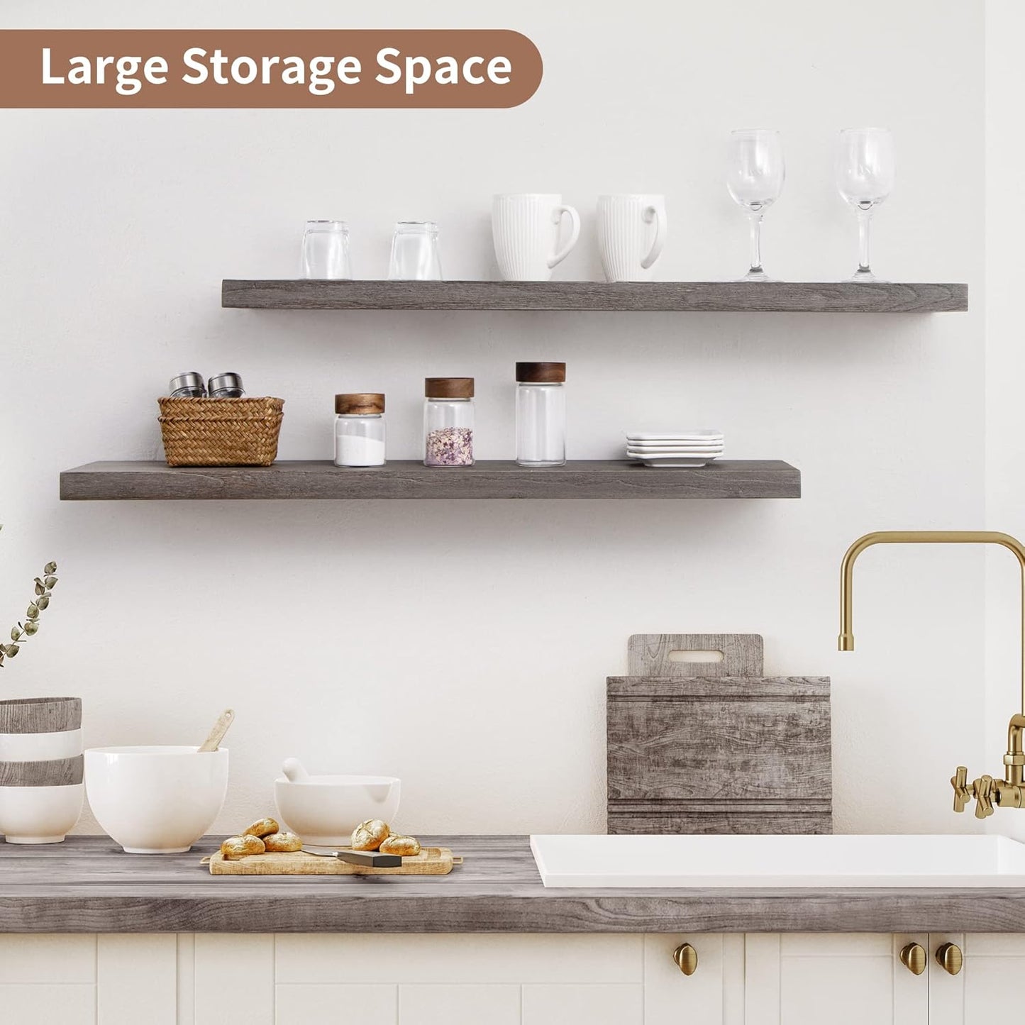 ShelfLoft 36"W x 8"D Rustic Solid Elm Wood Wall Shelves for Storage, Grey-2 Pack