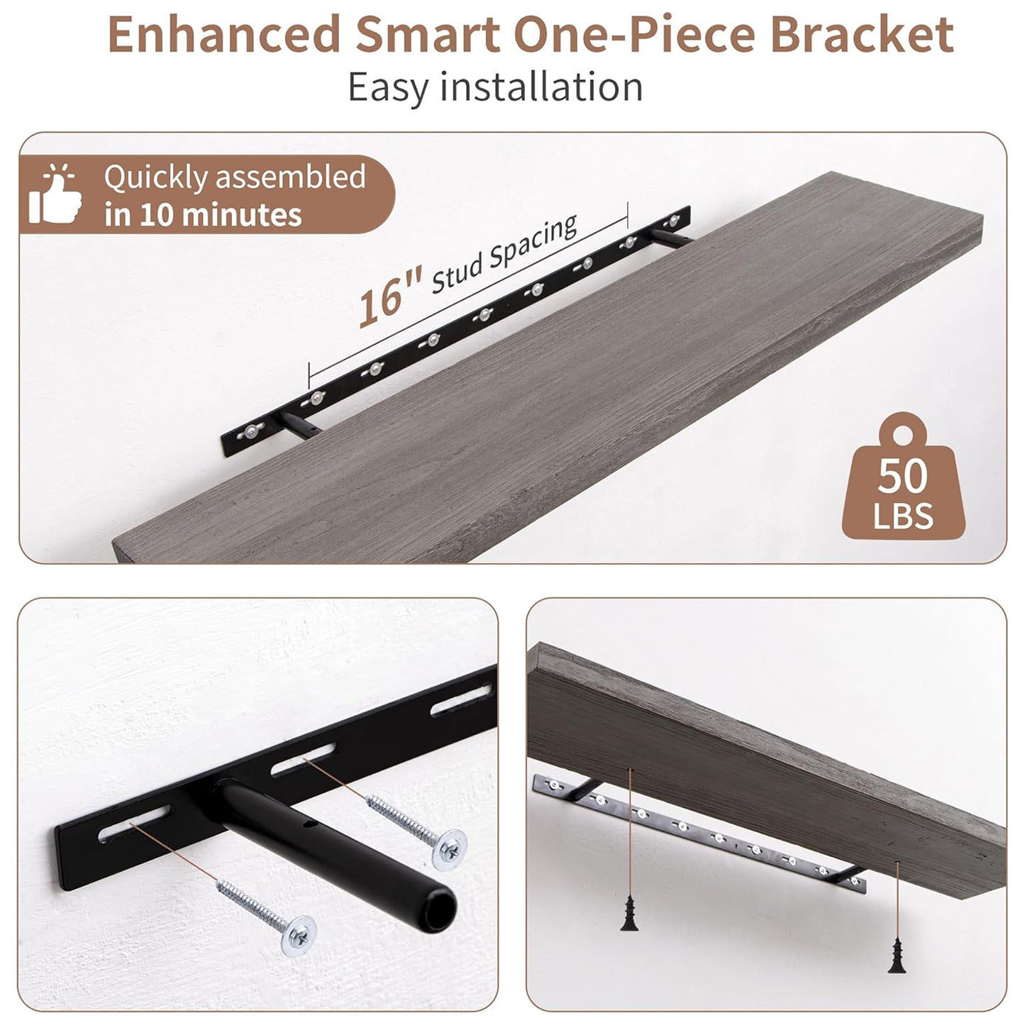 ShelfLoft 36"W x 8"D Rustic Solid Elm Wood Wall Shelves for Storage, Grey-2 Pack