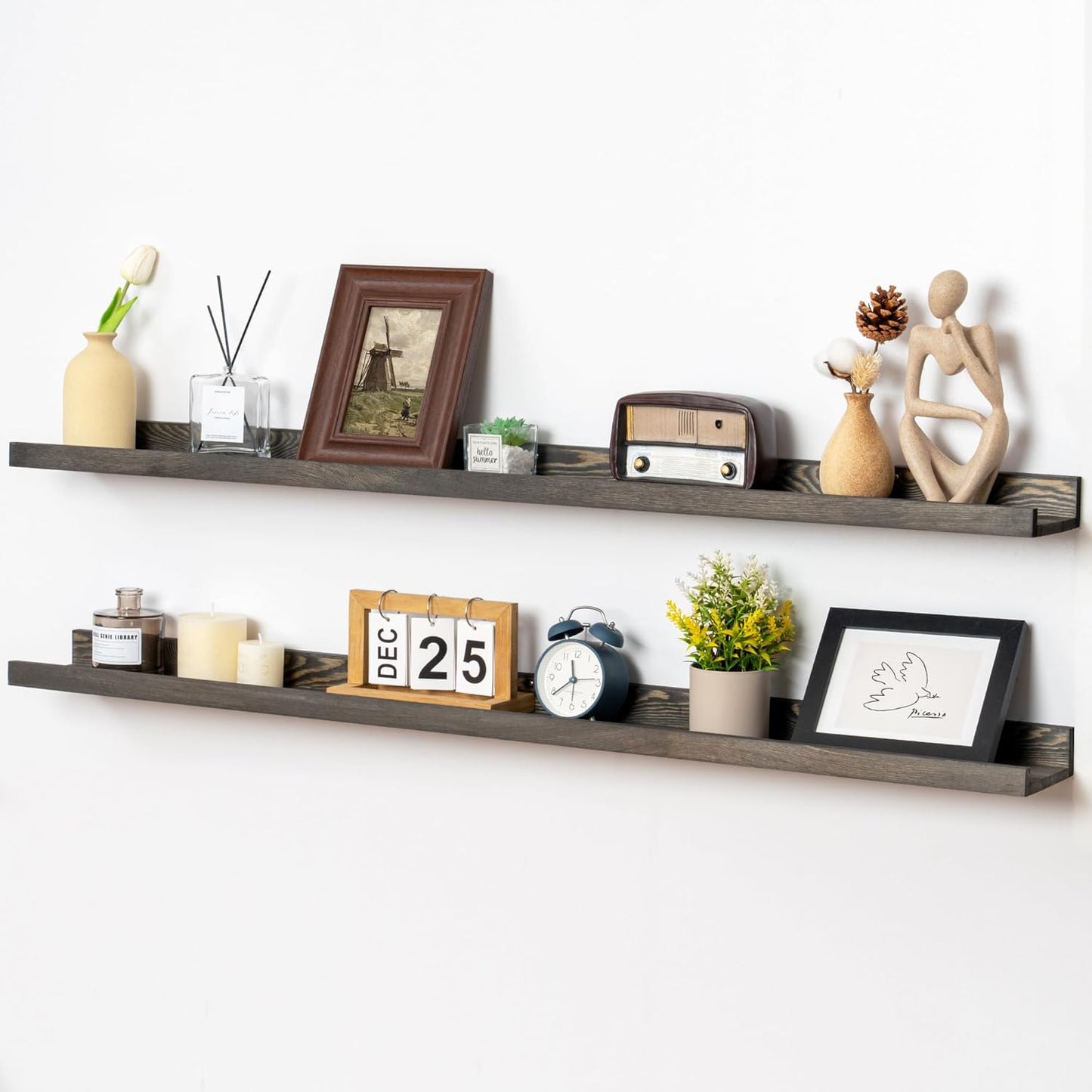 ShelfLoft 5.5"D x 2"H Grey Pine Wood Picture Ledge Shelf Wall Shelves with Lip, 2 Pack