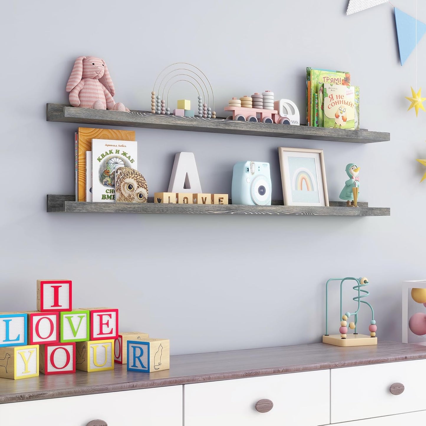 ShelfLoft 48" Wide x 5" Deep Pine Wood Picture Ledge Shelf Wall Shelves with Lip, 2 Pack