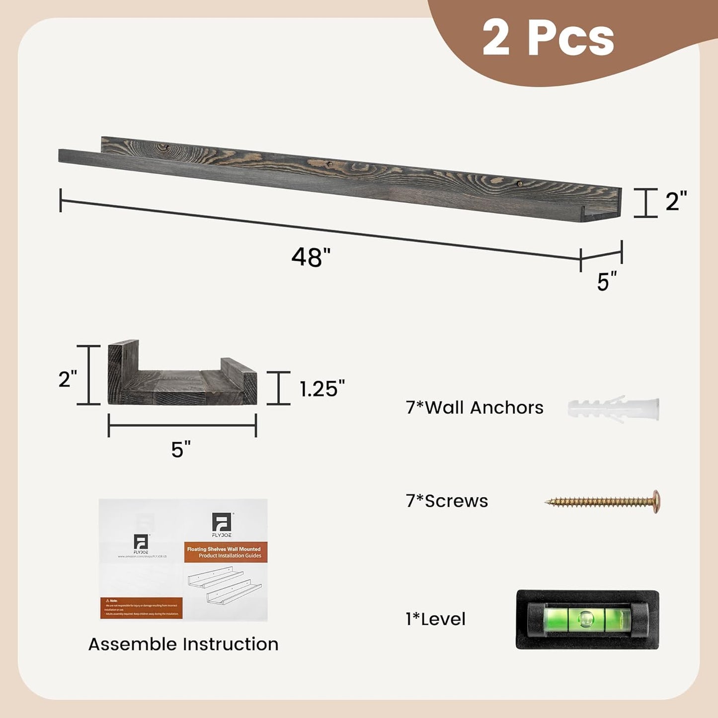 ShelfLoft 48"W x 5"D Grey Pine Wood Picture Ledge Shelf Wall Shelves with Lip, 2 Pack