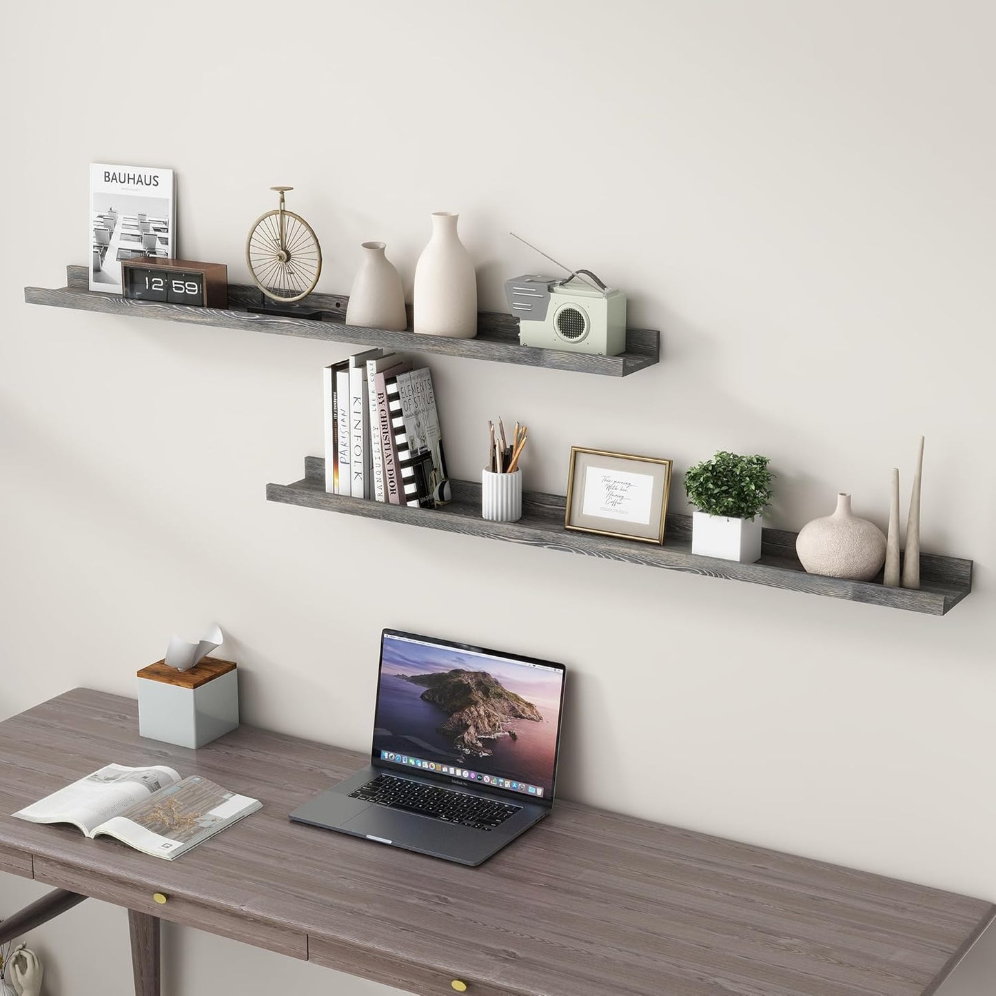 ShelfLoft 48" Wide x 5" Deep Pine Wood Picture Ledge Shelf Wall Shelves with Lip, 2 Pack