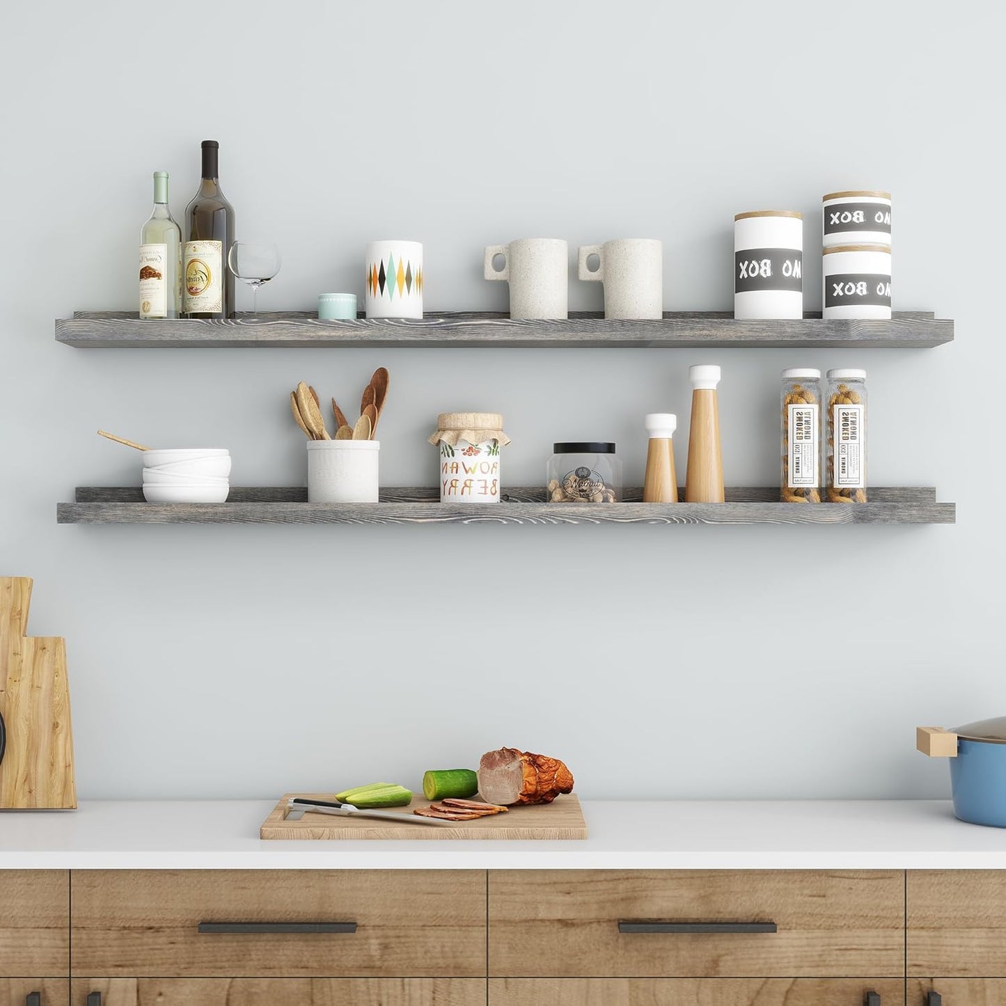 ShelfLoft 48" Wide x 5" Deep Pine Wood Picture Ledge Shelf Wall Shelves with Lip, 2 Pack