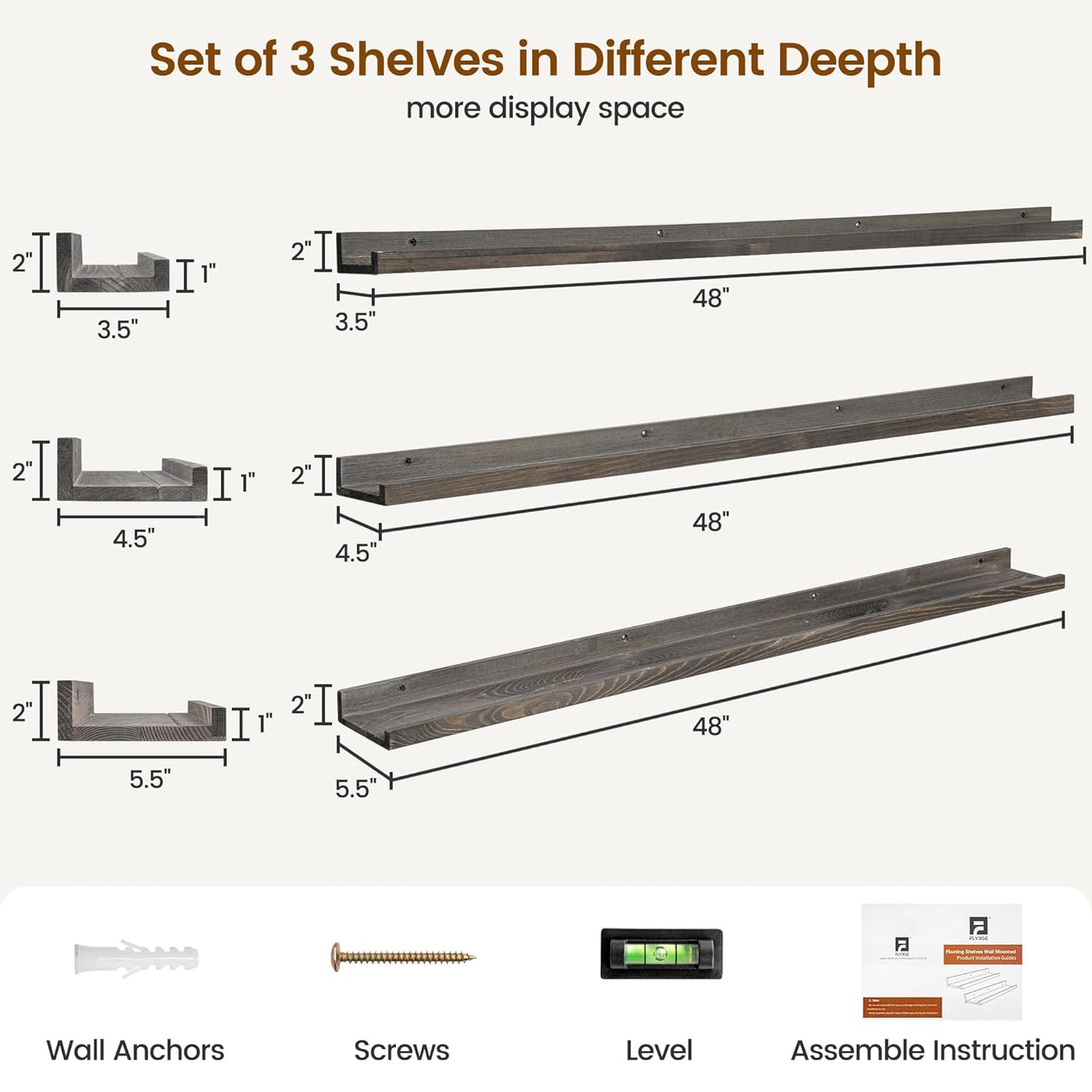 ShelfLoft 48"Wx 5.5"D Grey Pine Wood Picture Ledge Shelf Wall Shelves with Lip, 3 Pack