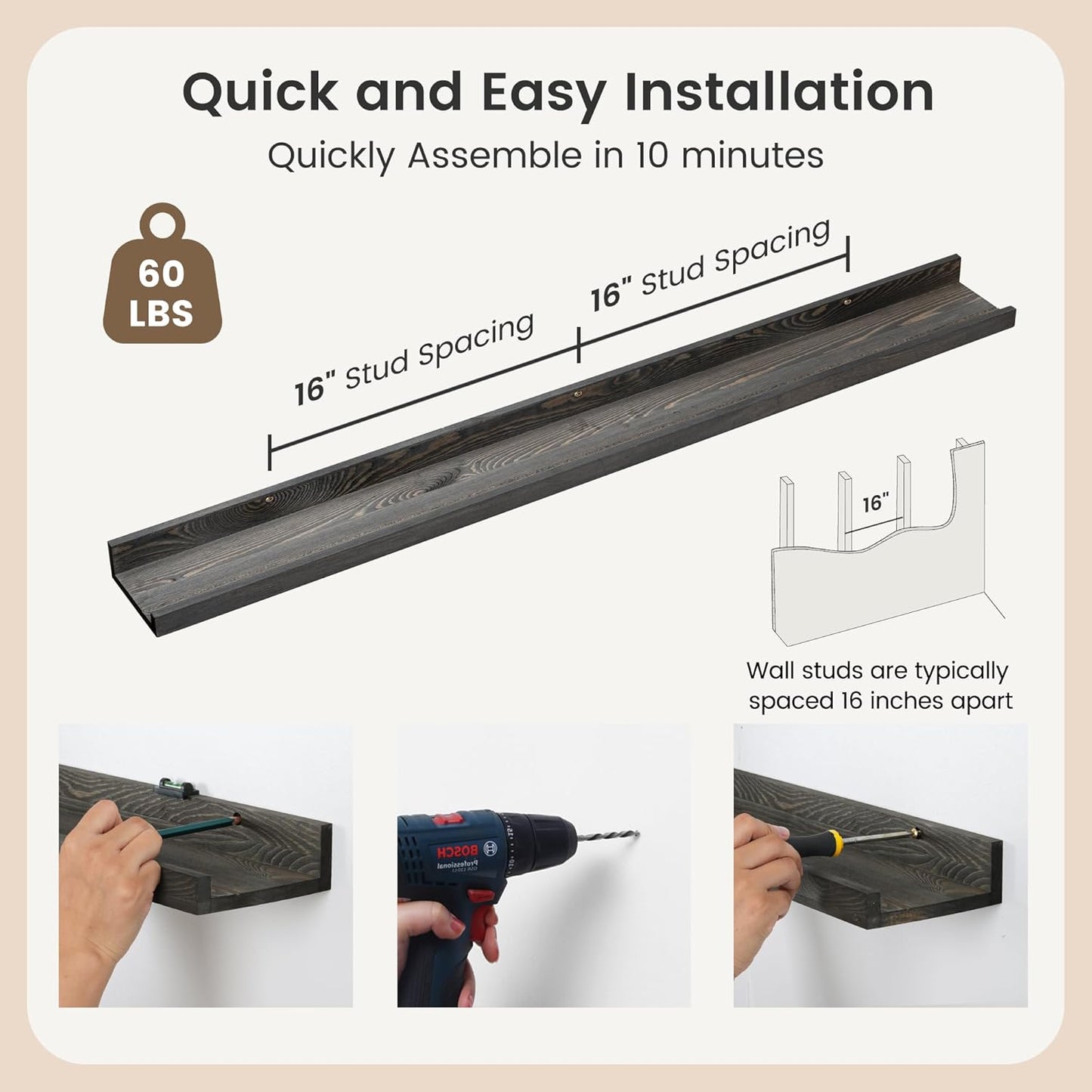ShelfLoft 5.5"D x 2"H Grey Pine Wood Picture Ledge Shelf Wall Shelves with Lip, 2 Pack