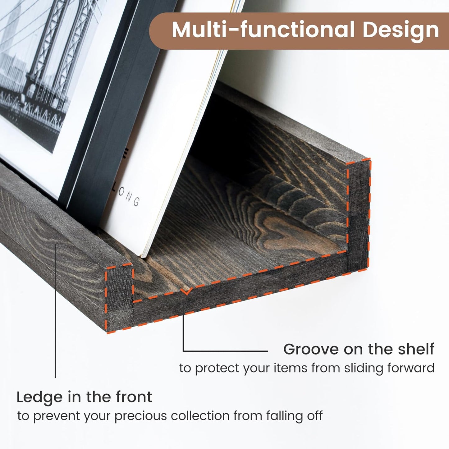 ShelfLoft 48" Wide x 5.5" Deep Pine Wood Picture Ledge Shelf Wall Shelves with Lip, 3 Pack