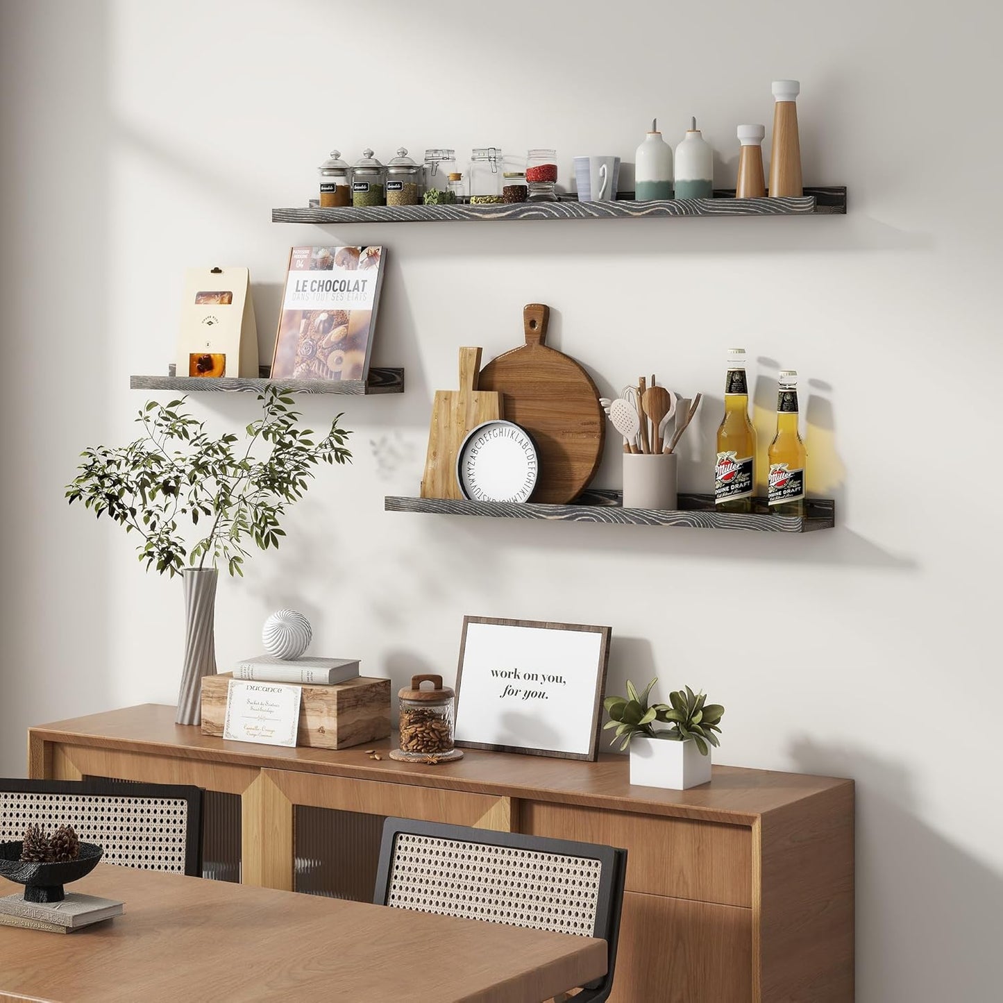 ShelfLoft 48" Wide x 5.5" Deep Pine Wood Picture Ledge Shelf Wall Shelves with Lip, 3 Pack