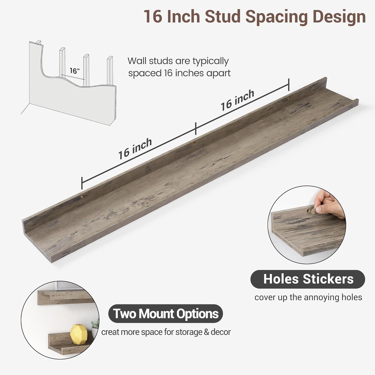 ShelfLoft 48"W x 4.2"D Grey Picture Ledge Shelf Floating Shelves with Lip Set of 3