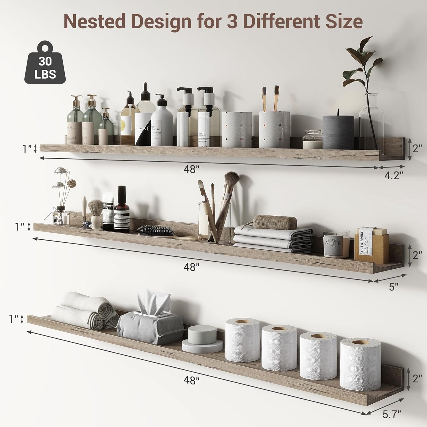 ShelfLoft 48"W x 4.2"D Grey Picture Ledge Shelf Floating Shelves with Lip Set of 3