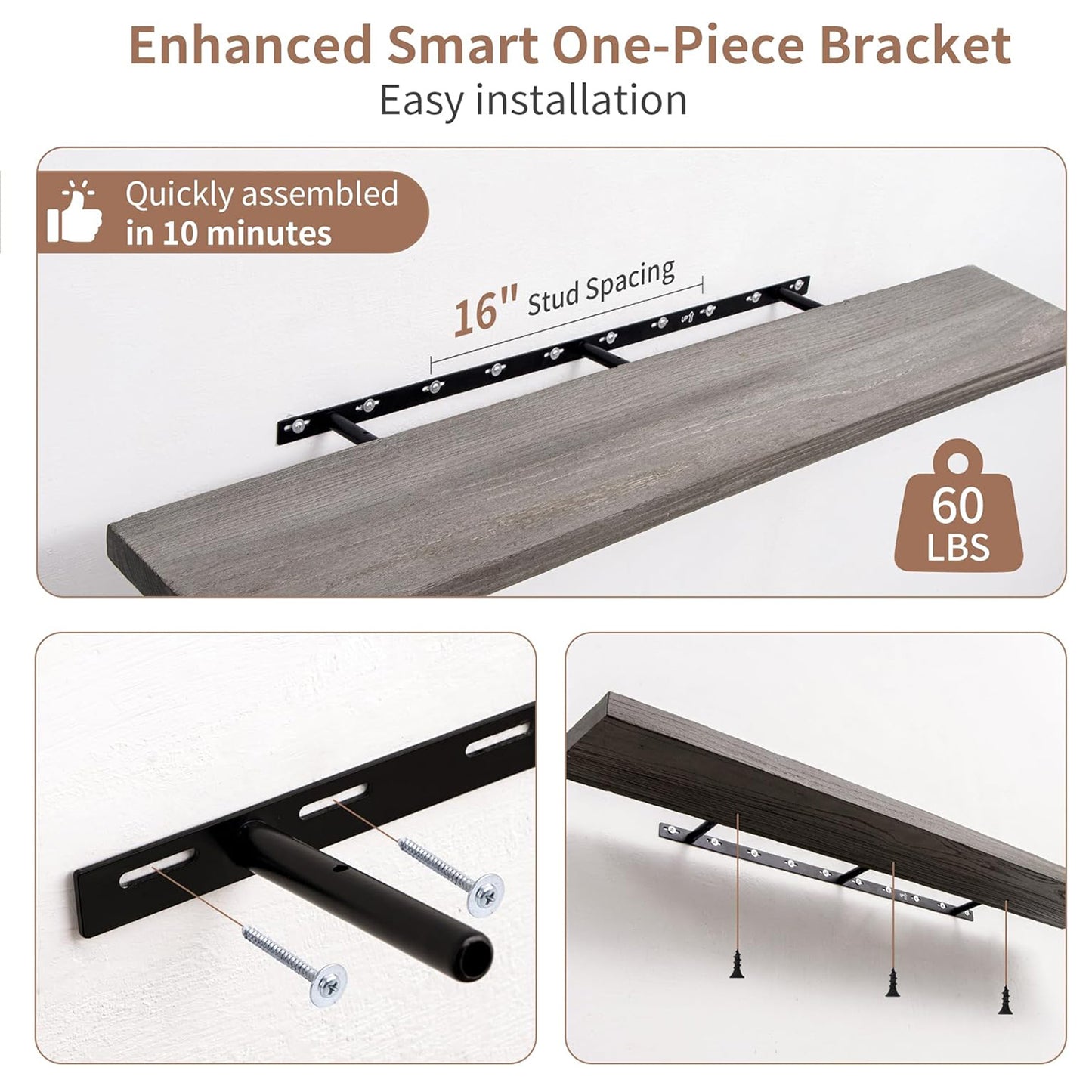 ShelfLoft 48"W x 8"D Rustic Solid Elm Wood Wall Shelves for Storage, Grey-1 Pack