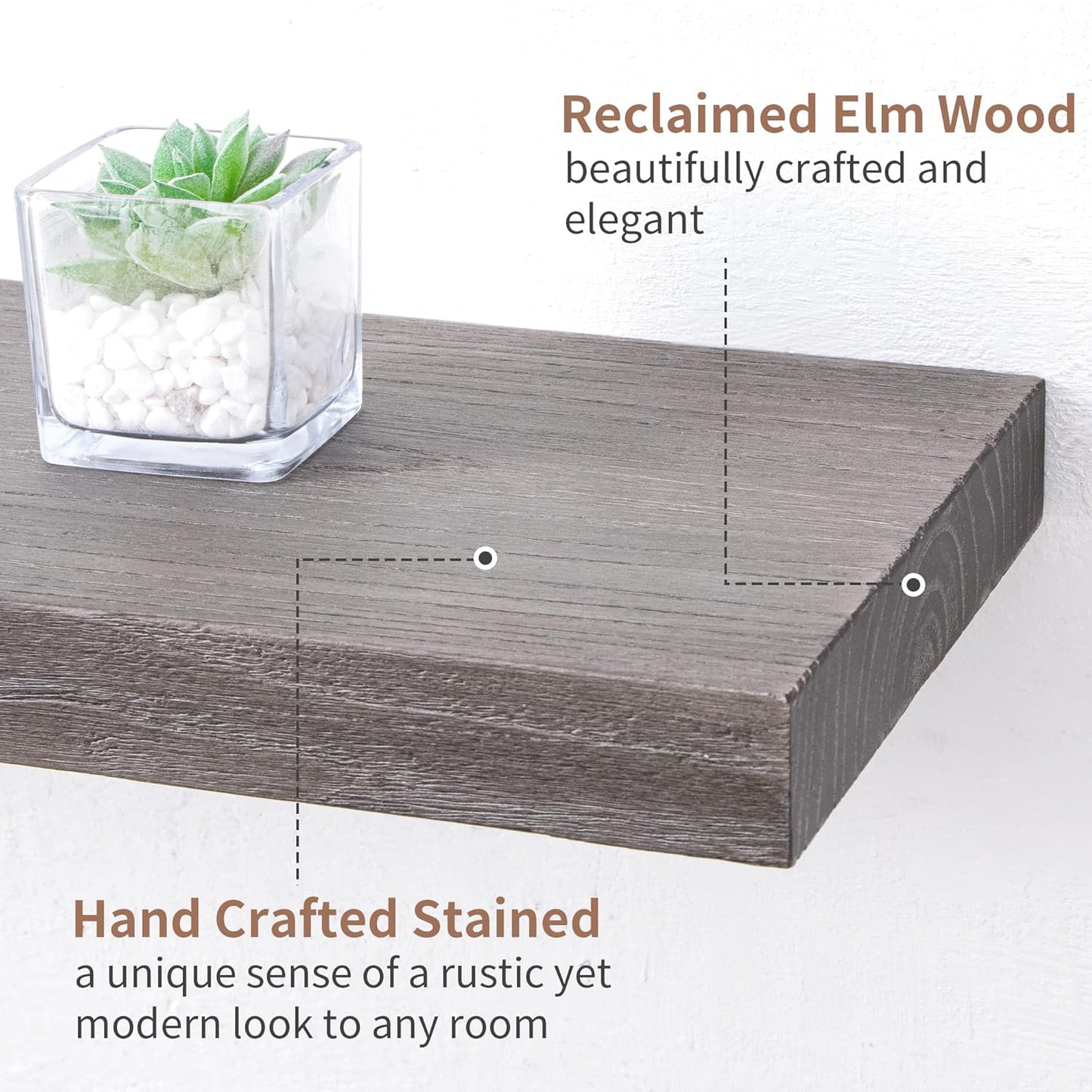 ShelfLoft 48"W x 8"D Rustic Solid Elm Wood Wall Shelves for Storage, Grey-1 Pack