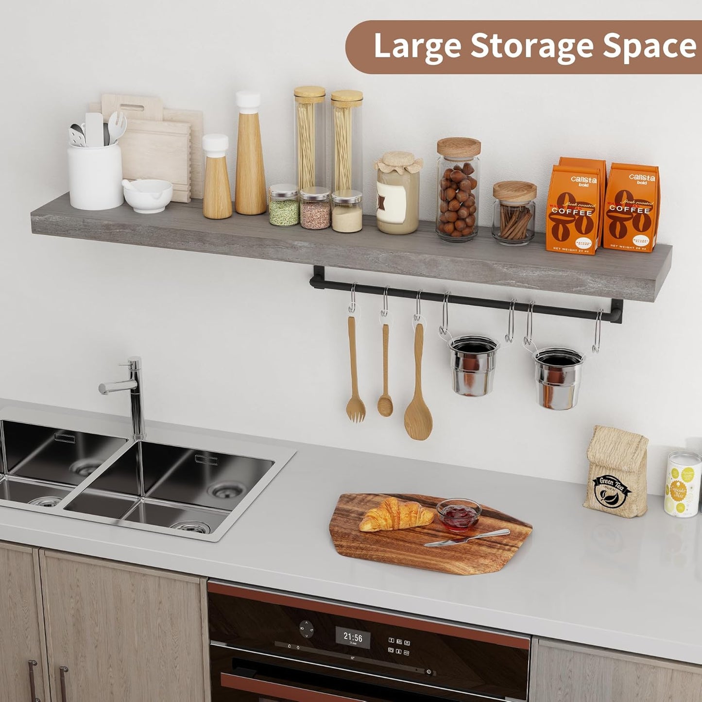 ShelfLoft 55" Wide x 8" Deep Rustic Solid Elm Wood Wall Shelves for Storage, 1 Pack