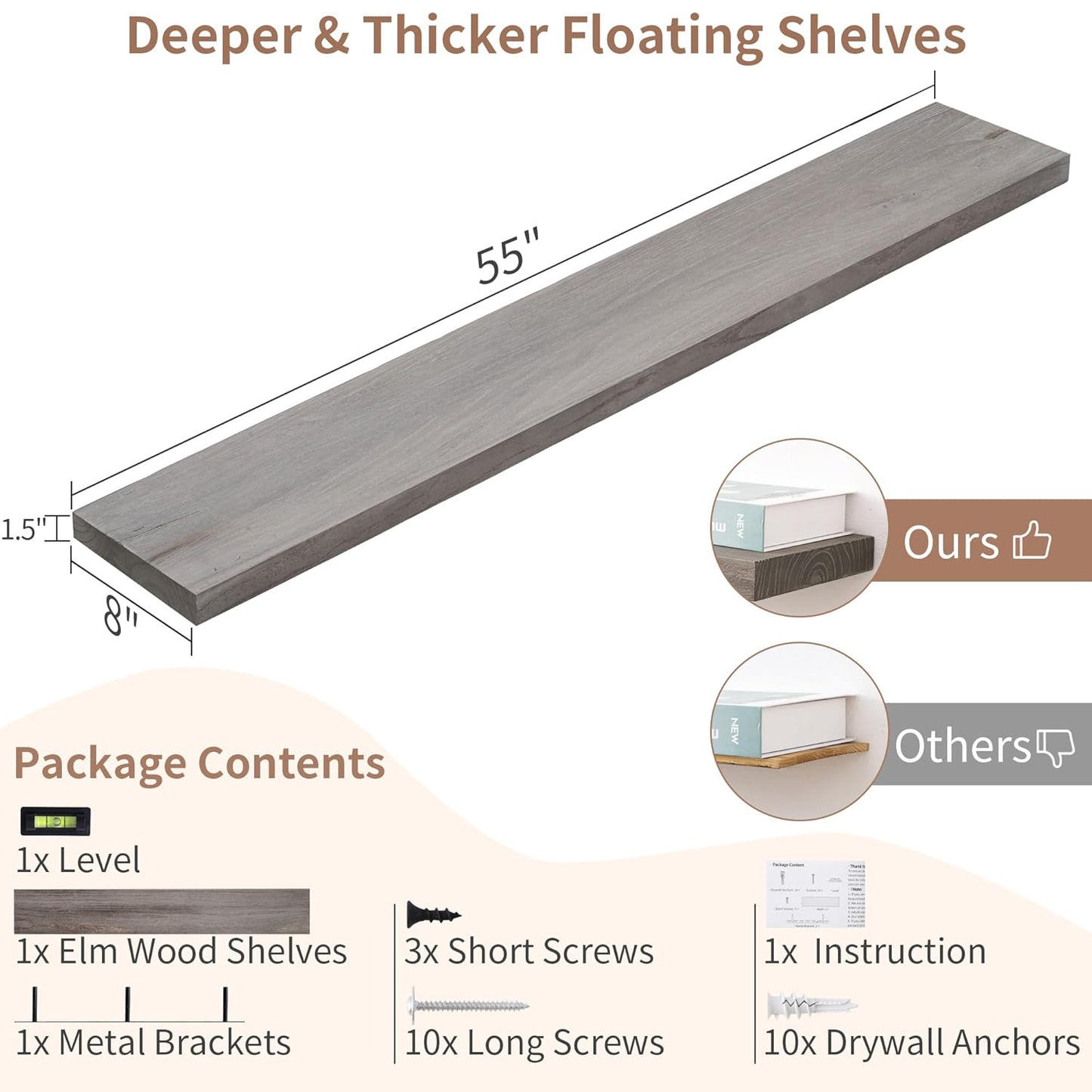 ShelfLoft 55"W x 8"D Rustic Solid Elm Wood Wall Shelves for Storage, Grey-1 Pack