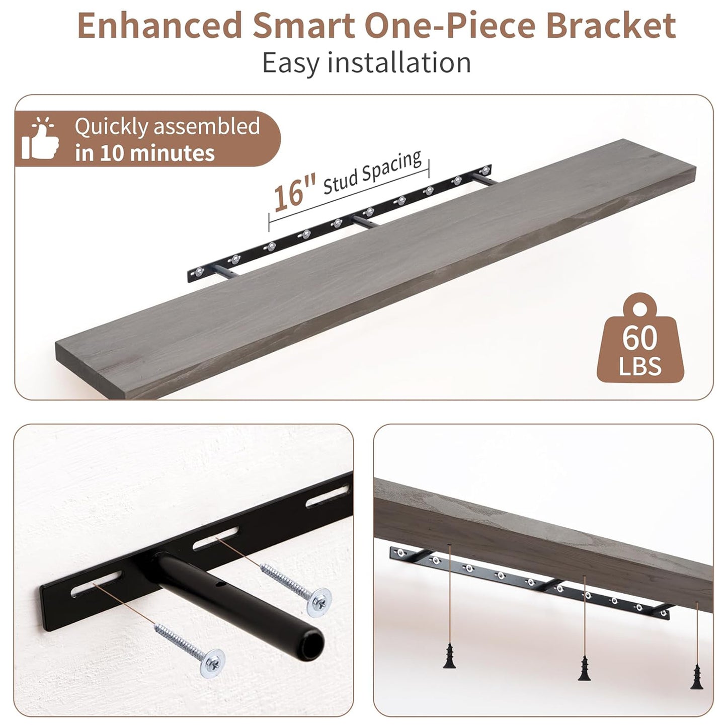 ShelfLoft 55" Wide x 8" Deep Rustic Solid Elm Wood Wall Shelves for Storage, 1 Pack