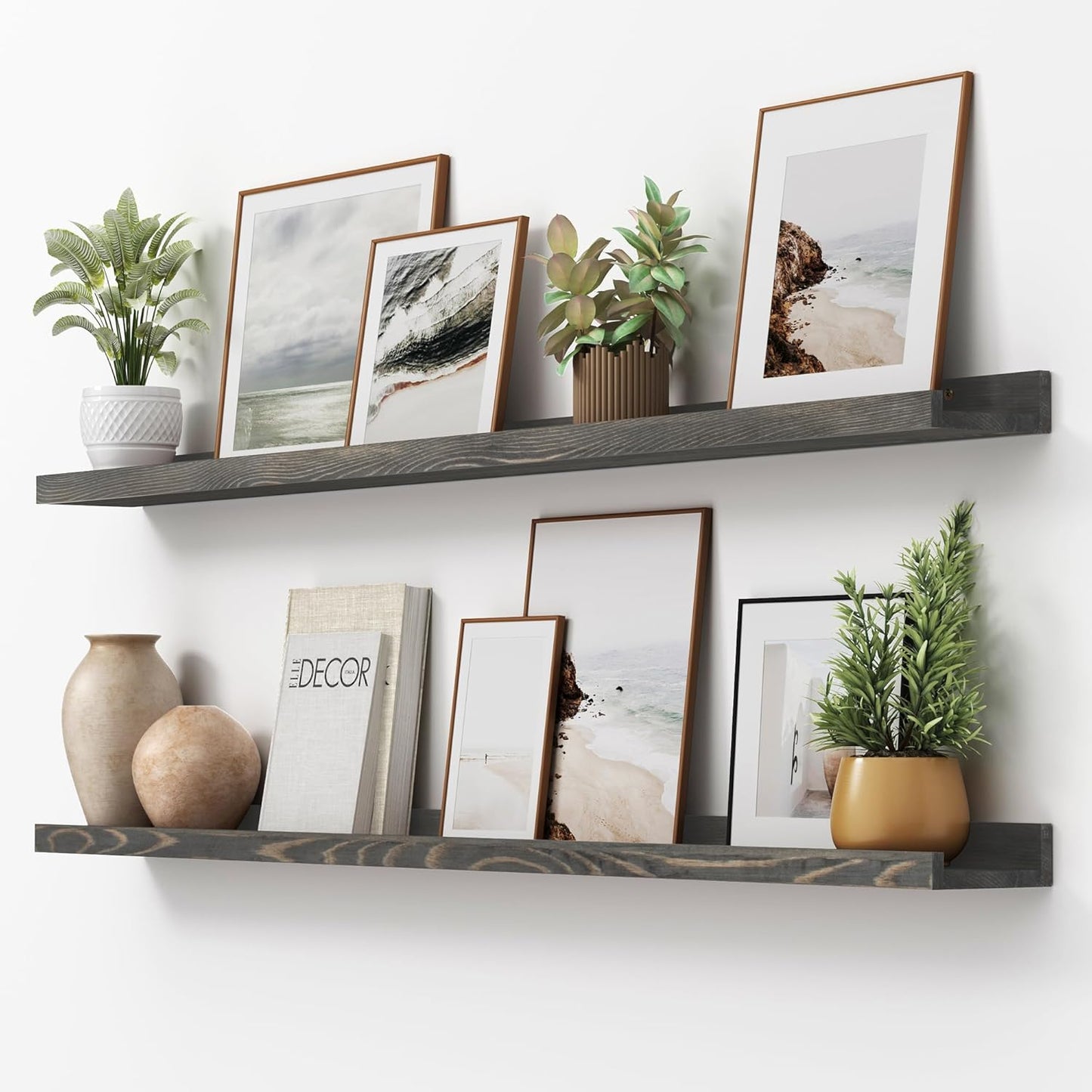 ShelfLoft 5.5"D x 2"H Grey Pine Wood Picture Ledge Shelf Wall Shelves with Lip, 2 Pack