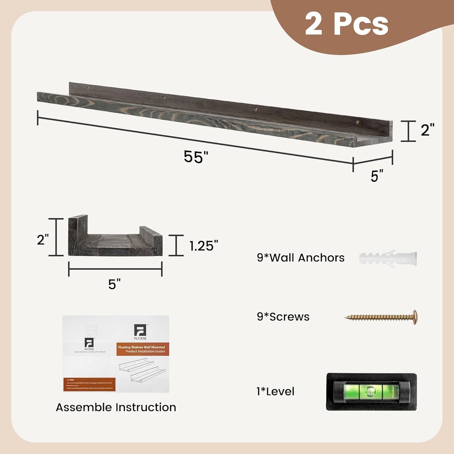 ShelfLoft 5.5"D x 2"H Grey Pine Wood Picture Ledge Shelf Wall Shelves with Lip, 2 Pack