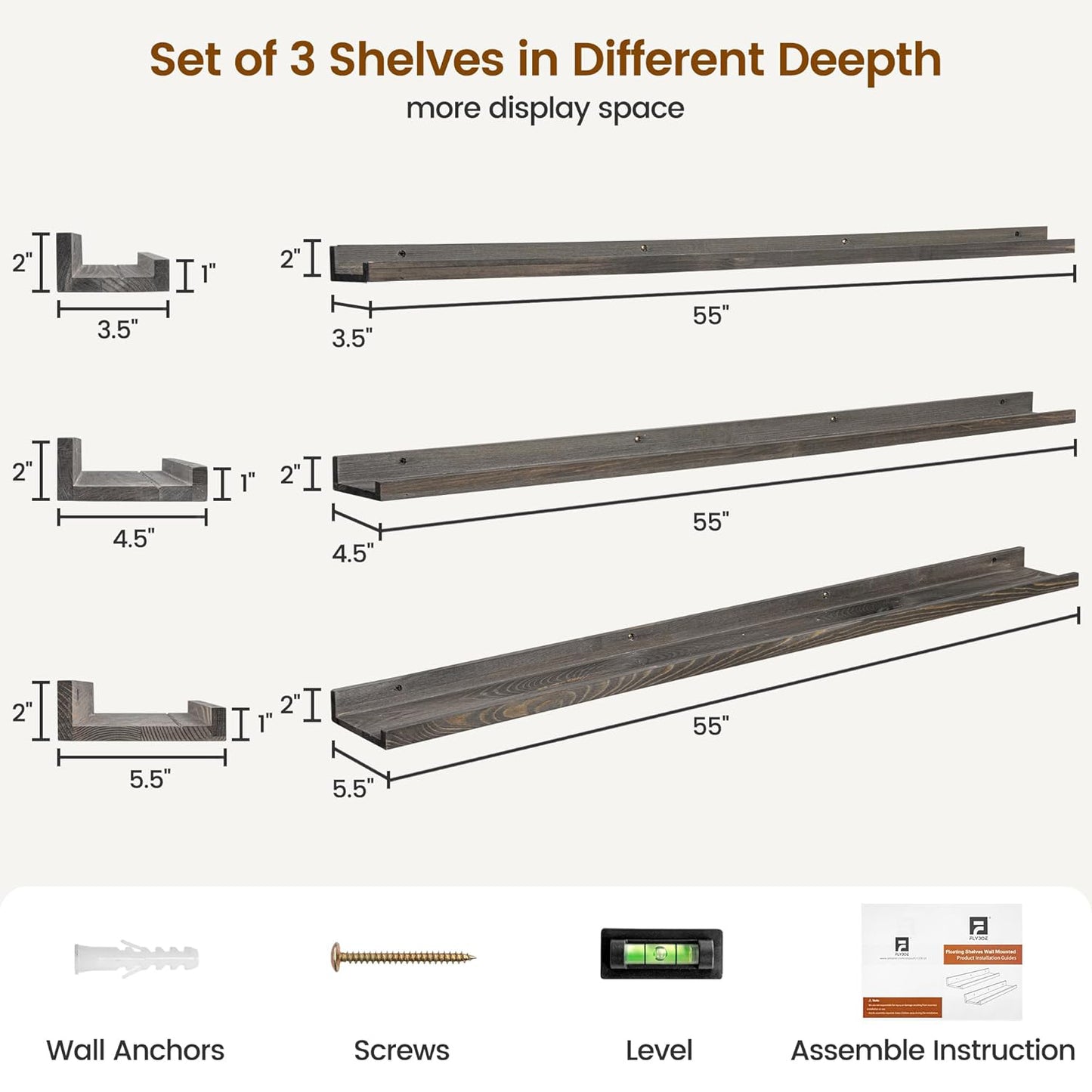 ShelfLoft 5.5"D x 2"H Grey Pine Wood Picture Ledge Shelf Wall Shelves with Lip, 2 Pack