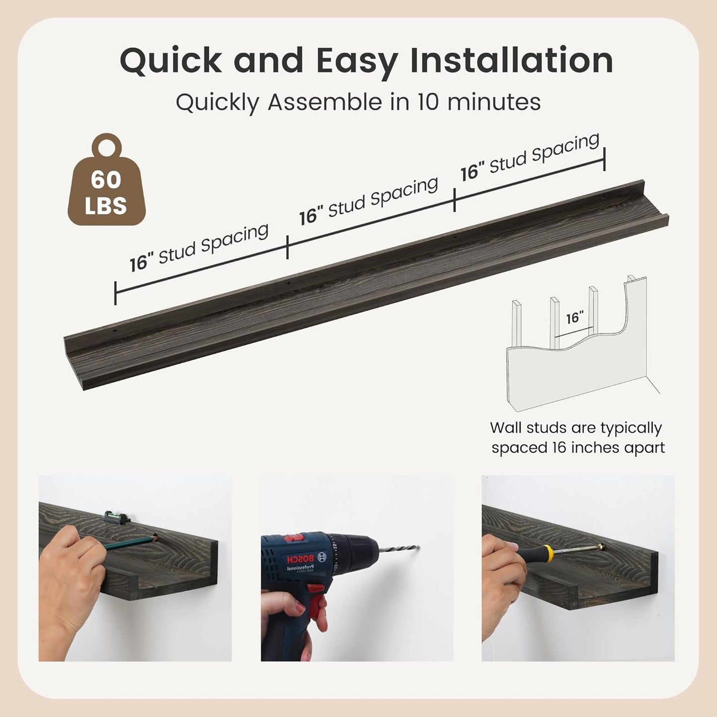 ShelfLoft 5.5"D x 2"H Grey Pine Wood Picture Ledge Shelf Wall Shelves with Lip, 2 Pack