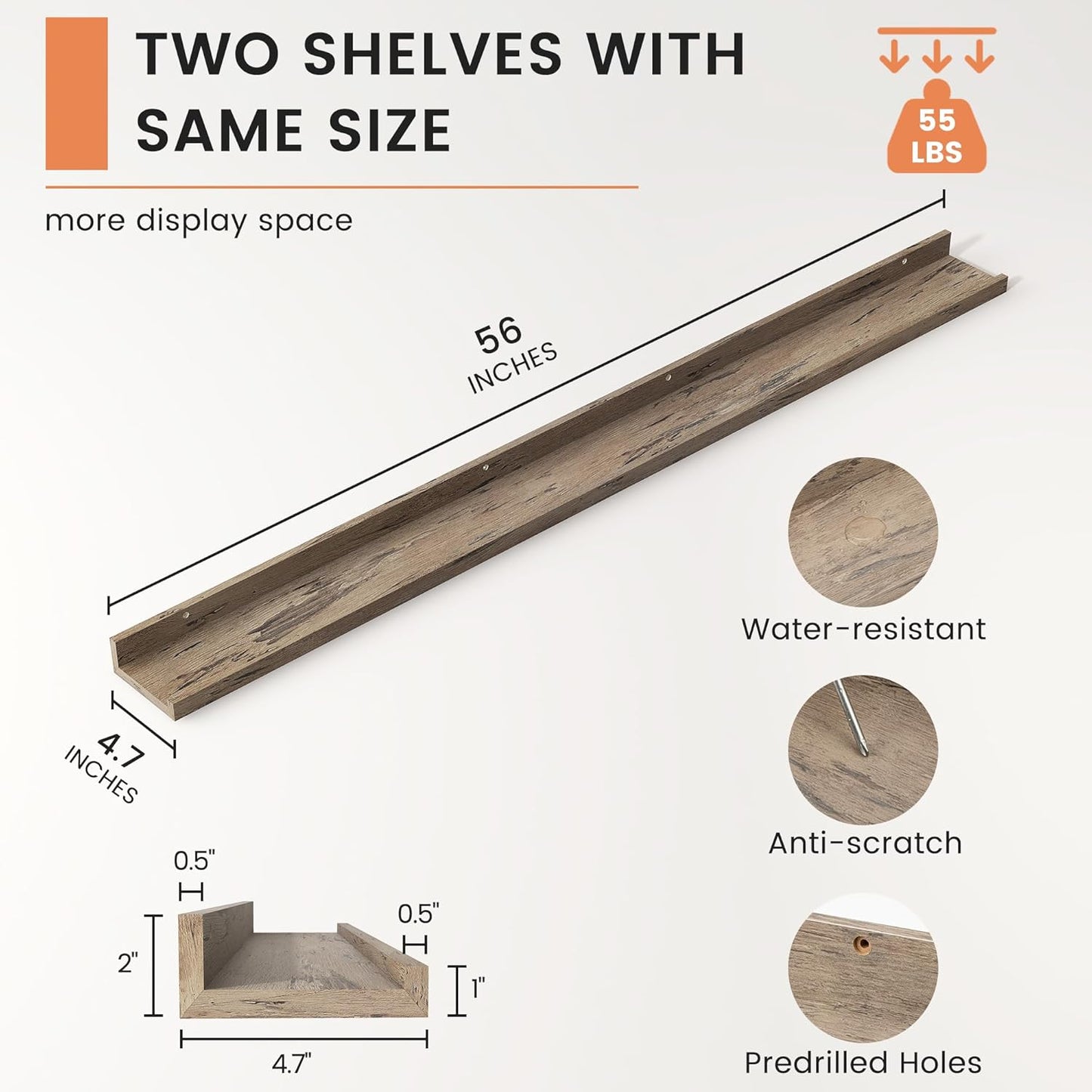 ShelfLoft 4.7"D x 2"H Grey Picture Ledge Floating Shelves