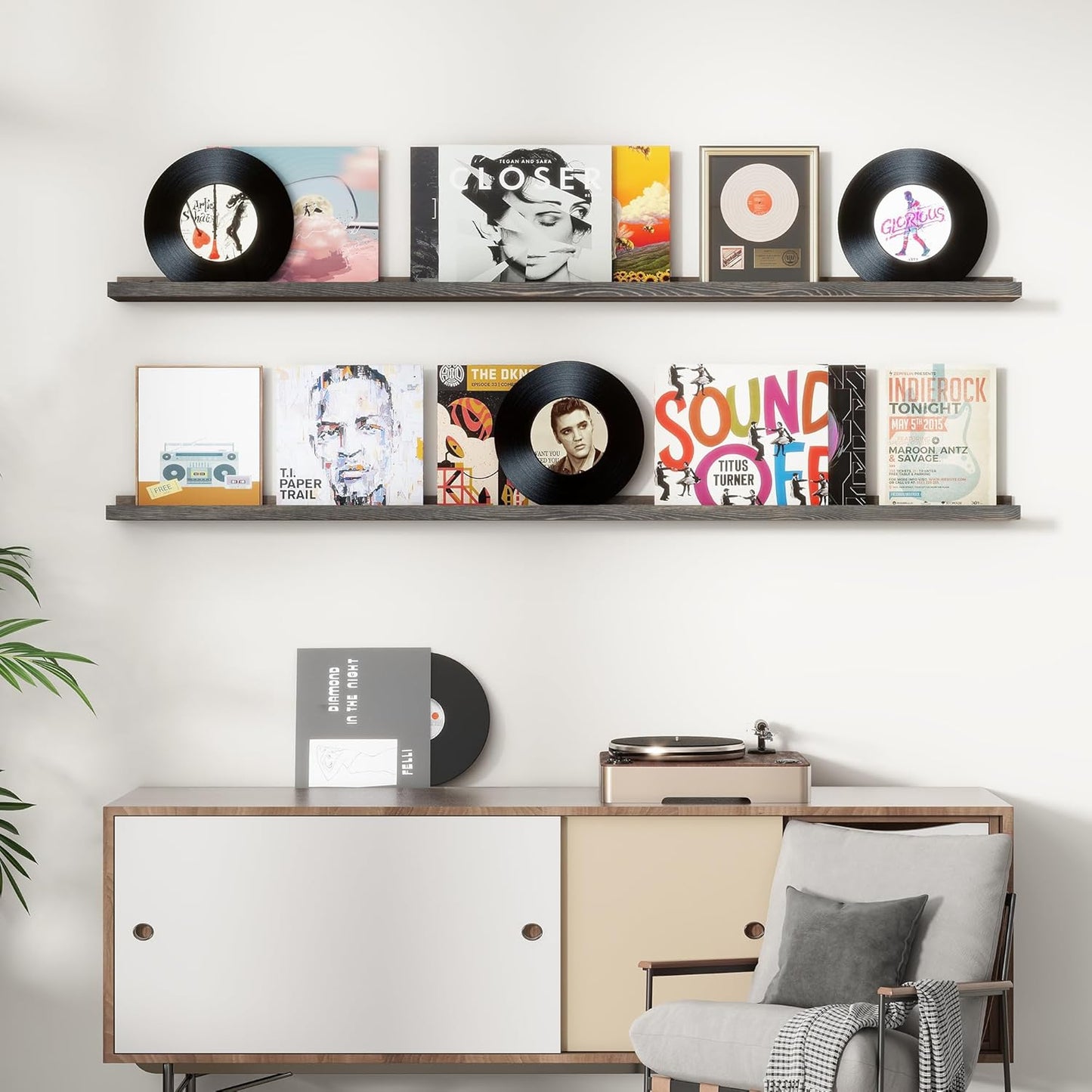 ShelfLoft 5.5"D x 2"H Grey Pine Wood Picture Ledge Shelf Wall Shelves with Lip, 2 Pack