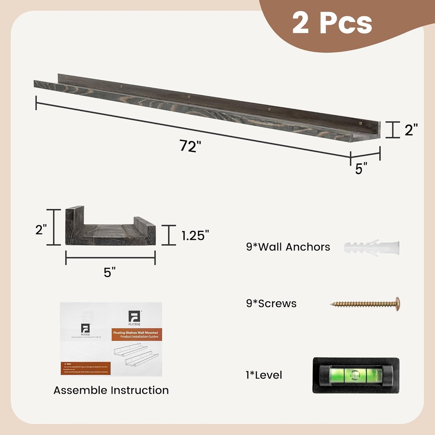 ShelfLoft 5.5"D x 2"H Grey Pine Wood Picture Ledge Shelf Wall Shelves with Lip, 2 Pack