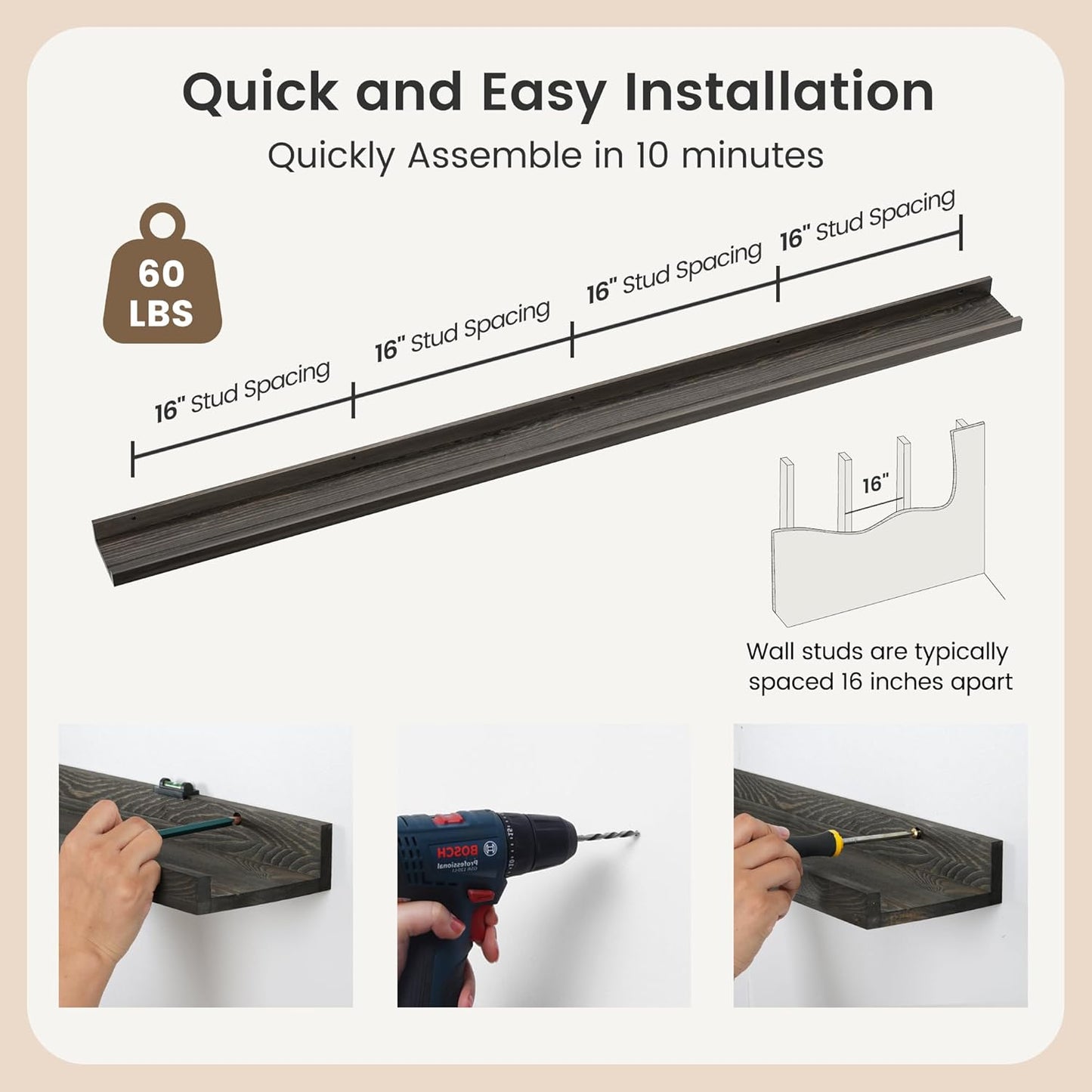 ShelfLoft 5.5"D x 2"H Grey Pine Wood Picture Ledge Shelf Wall Shelves with Lip, 2 Pack