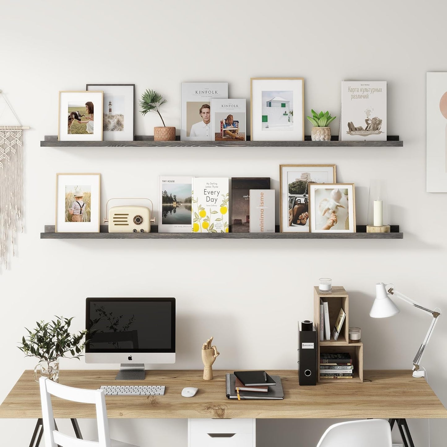 ShelfLoft 5.5"D x 2"H Grey Pine Wood Picture Ledge Shelf Wall Shelves with Lip, 2 Pack