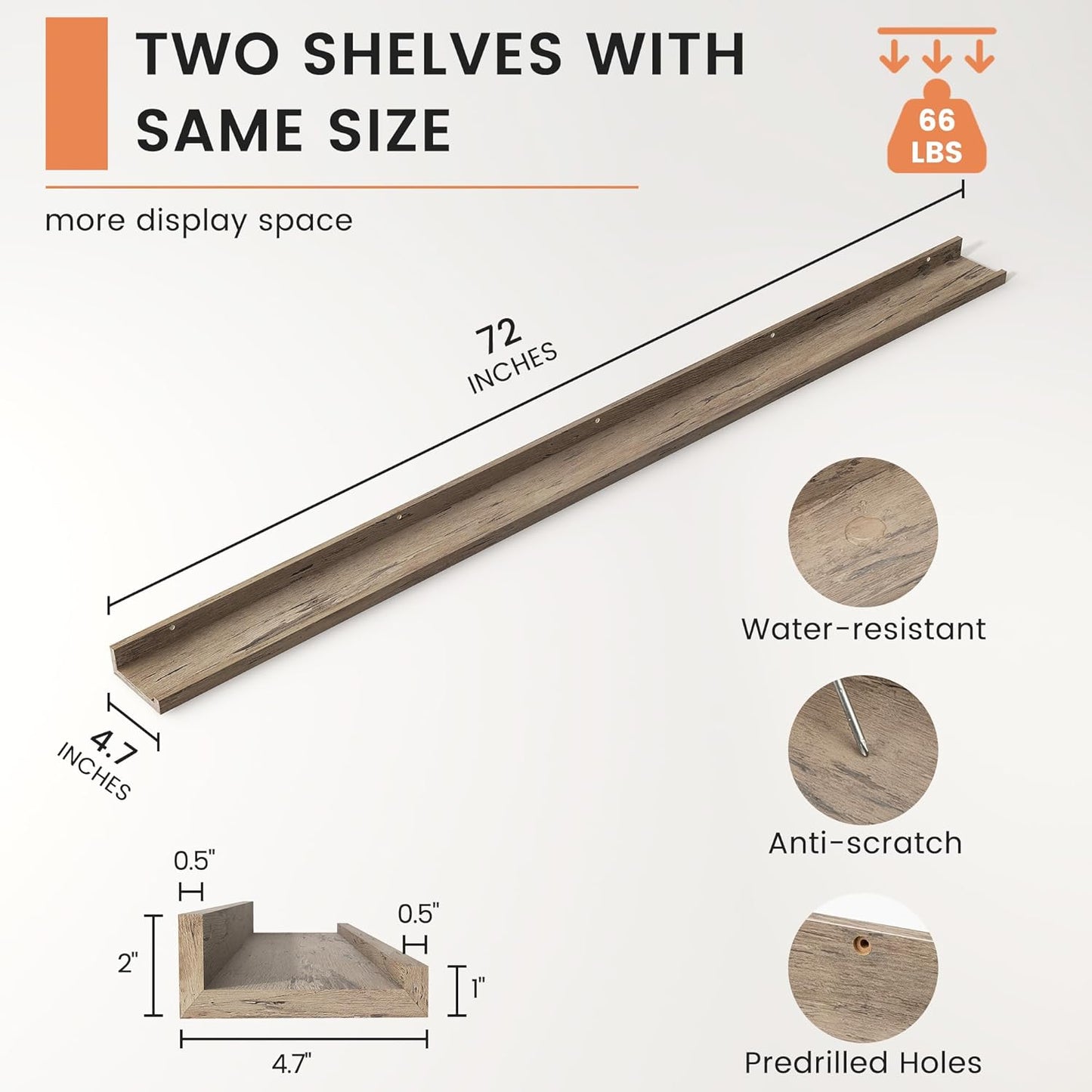 ShelfLoft 4.7"D x 2"H Grey Picture Ledge Floating Shelves