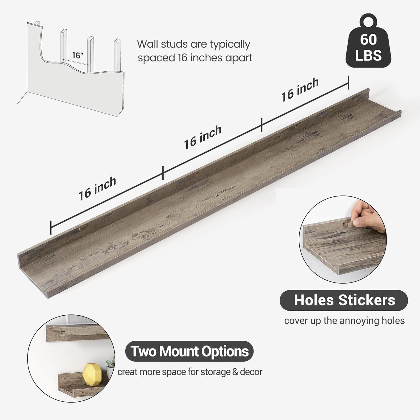 ShelfLoft 72"W x 5.7"D Grey Picture Ledge Shelf Floating Shelves with Lip Set of 3