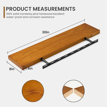 ShelfLoft 8"D x 1.4"H Honey Usa-sourced Pine Wood Farmhouse Floating Shelves