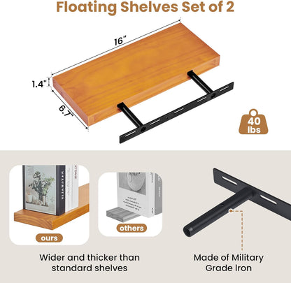 ShelfLoft 7 Inch Deep Pine Wood Floating Shelves,Set of 2
