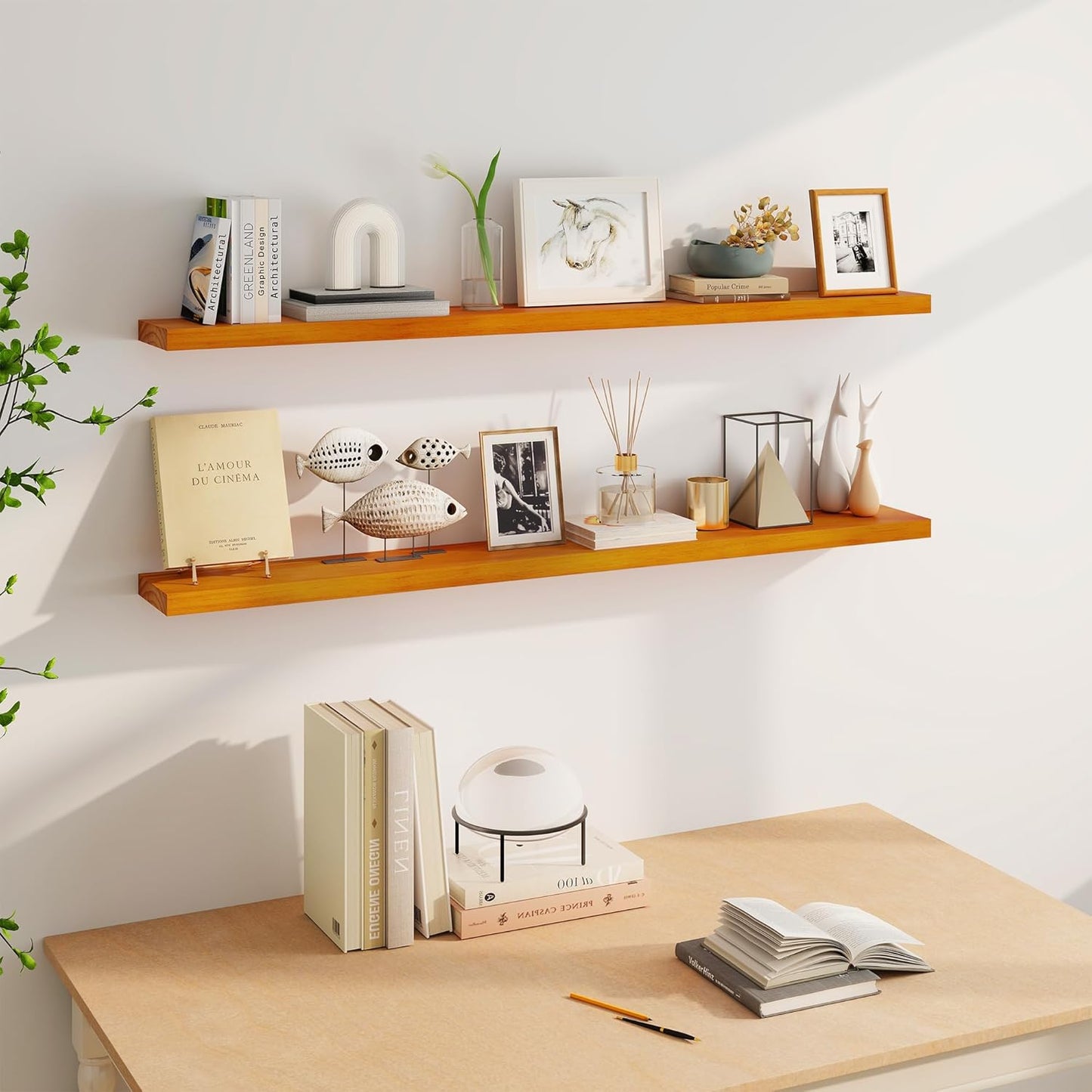 ShelfLoft 7 Inch Deep Pine Wood Floating Shelves,Set of 2