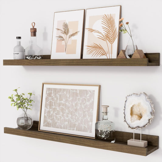 ShelfLoft 5.1 Inch Deep Picture Ledge Shelf Pine Wood Floating Shelves,Set of 2