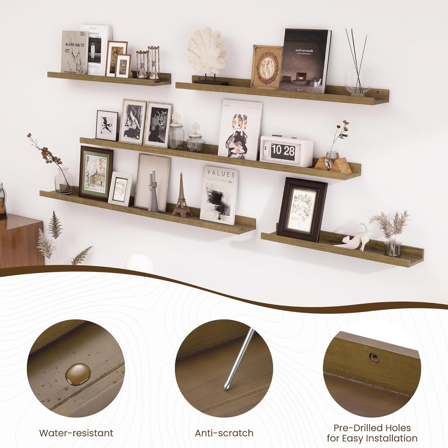 ShelfLoft 5.1 Inch Deep Picture Ledge Shelf Pine Wood Floating Shelves,Set of 2