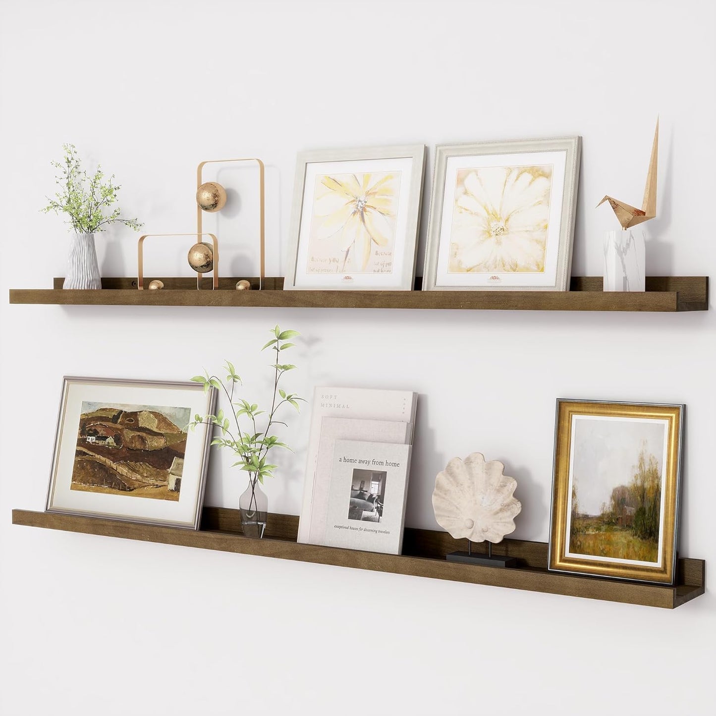 ShelfLoft 5.1 Inch Deep Picture Ledge Shelf Pine Wood Floating Shelves,Set of 2